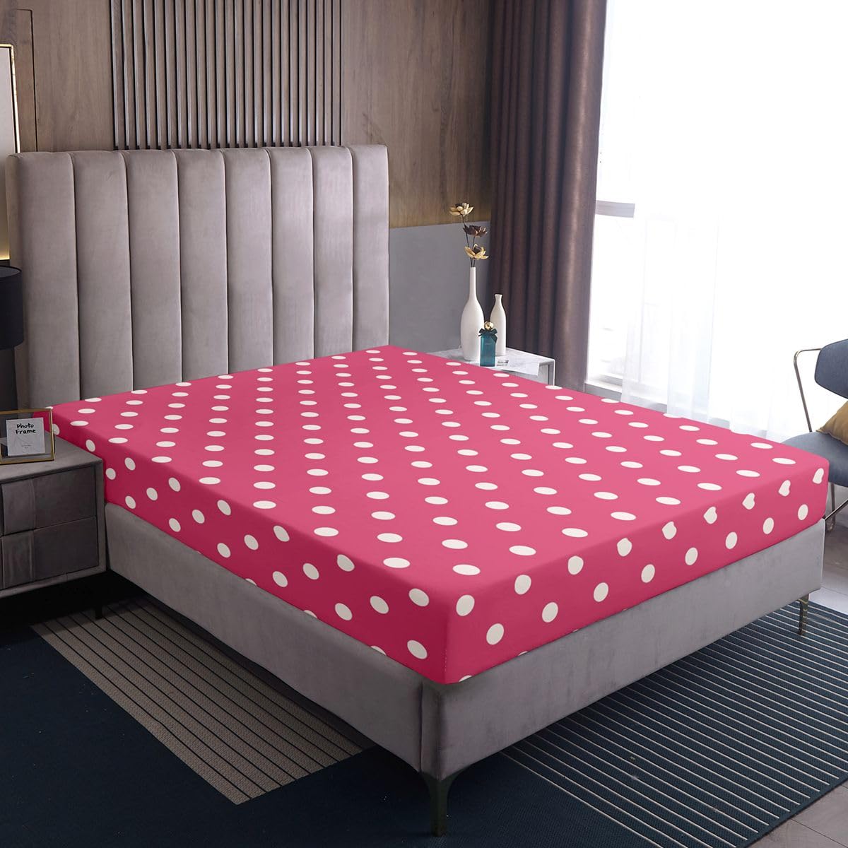 jejeloiu Pink White Polka Dot Fitted Sheet with 2 Pillowcases Full Size Retro Cute Polka Dot Bed Sheets Set 16" Deep Pocket Boys Girls Geometric Bedding Luxury Teens Bedroom Decor Breathable Soft