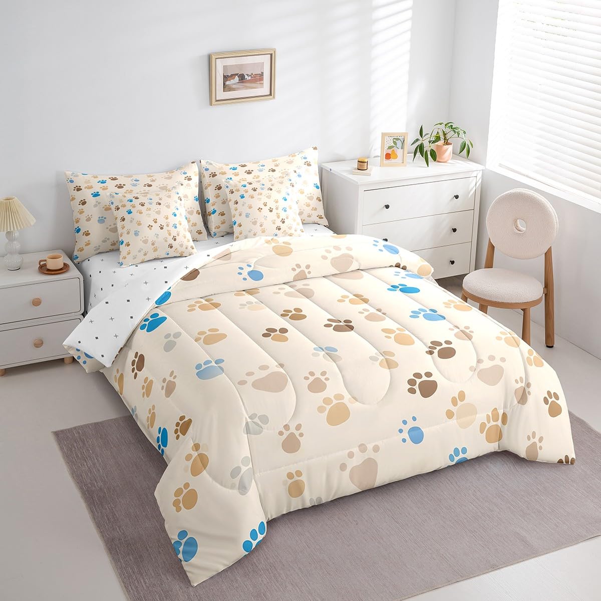 Erosebridal Paw Print 7 Pcs Comforter Set Queen Size Cartoon Footprints Bedding Cute Dog Cat Puppy Feet Print Bed in A Bag for Kids Children Brown Blue Kawaii Pet Bed Set