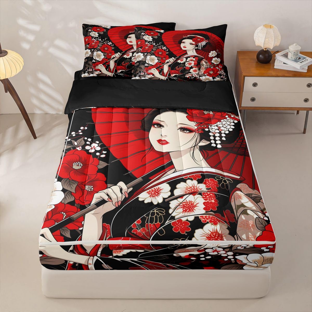 Erosebridal Japanese Zip Up Bedding Comforter Sets Twin Size, Geisha Comforter in One Zipper - Japan Women Bedding Set with Pillowcases