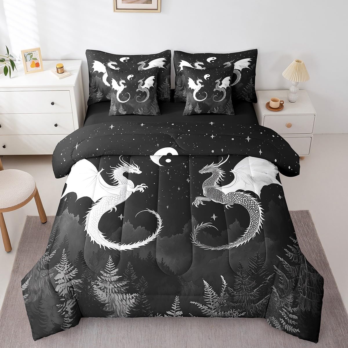 7 Pieces Black White Dragon Comforter Set Queen,Japanese Yin Yang Style Bed Set for Kids Boys Girls,Starry Sky Bedding(1 Comforter,1 Fitted Sheet,1 Flat Sheet,2 Pillowcases,2 Throw Pillow Covers