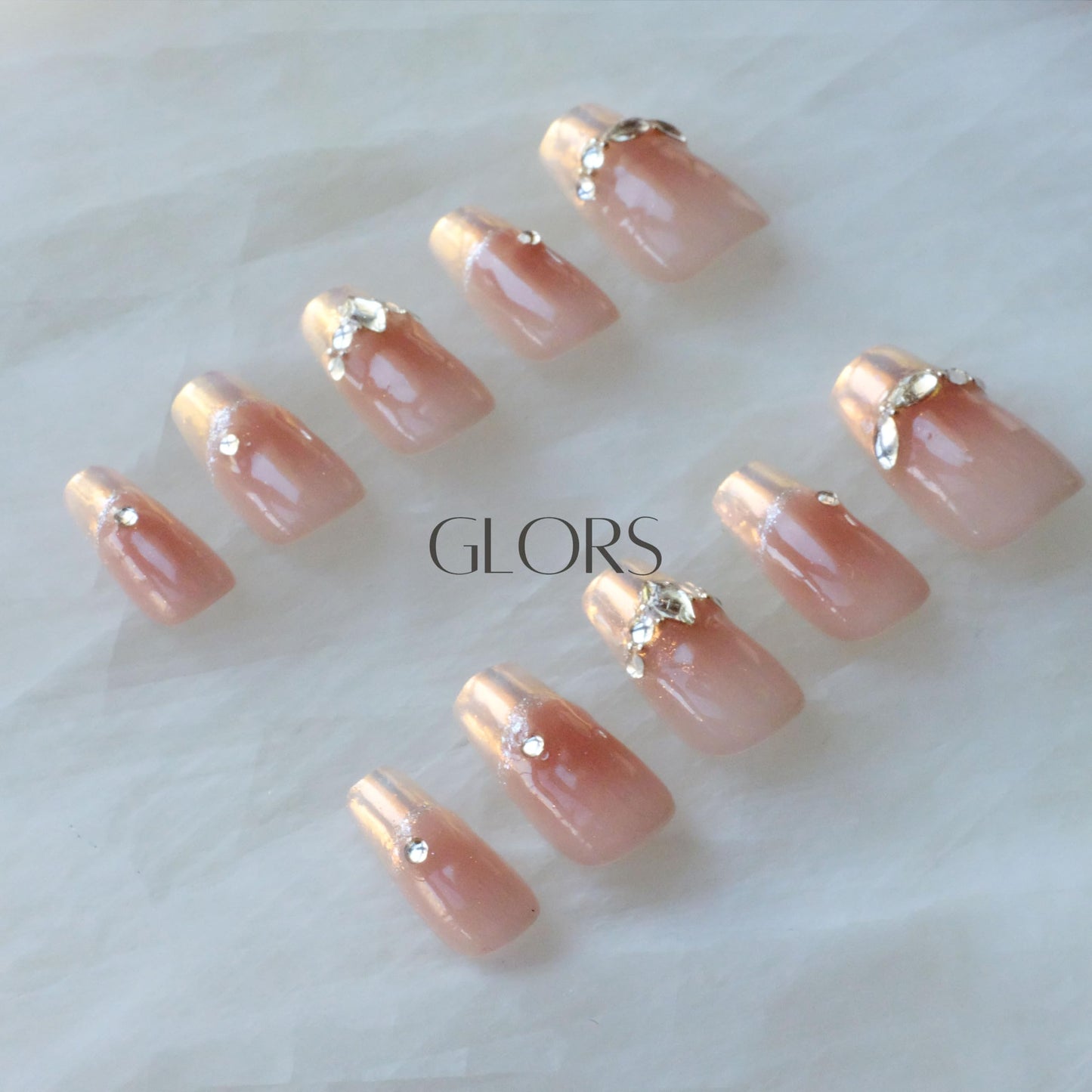 [GLORS] Purly Handmade Medium Ballerina Press on Nails | Moon Dream - French-style Pink Fake False Nail Tips with Diamond, 10 Pieces (Medium, MB)