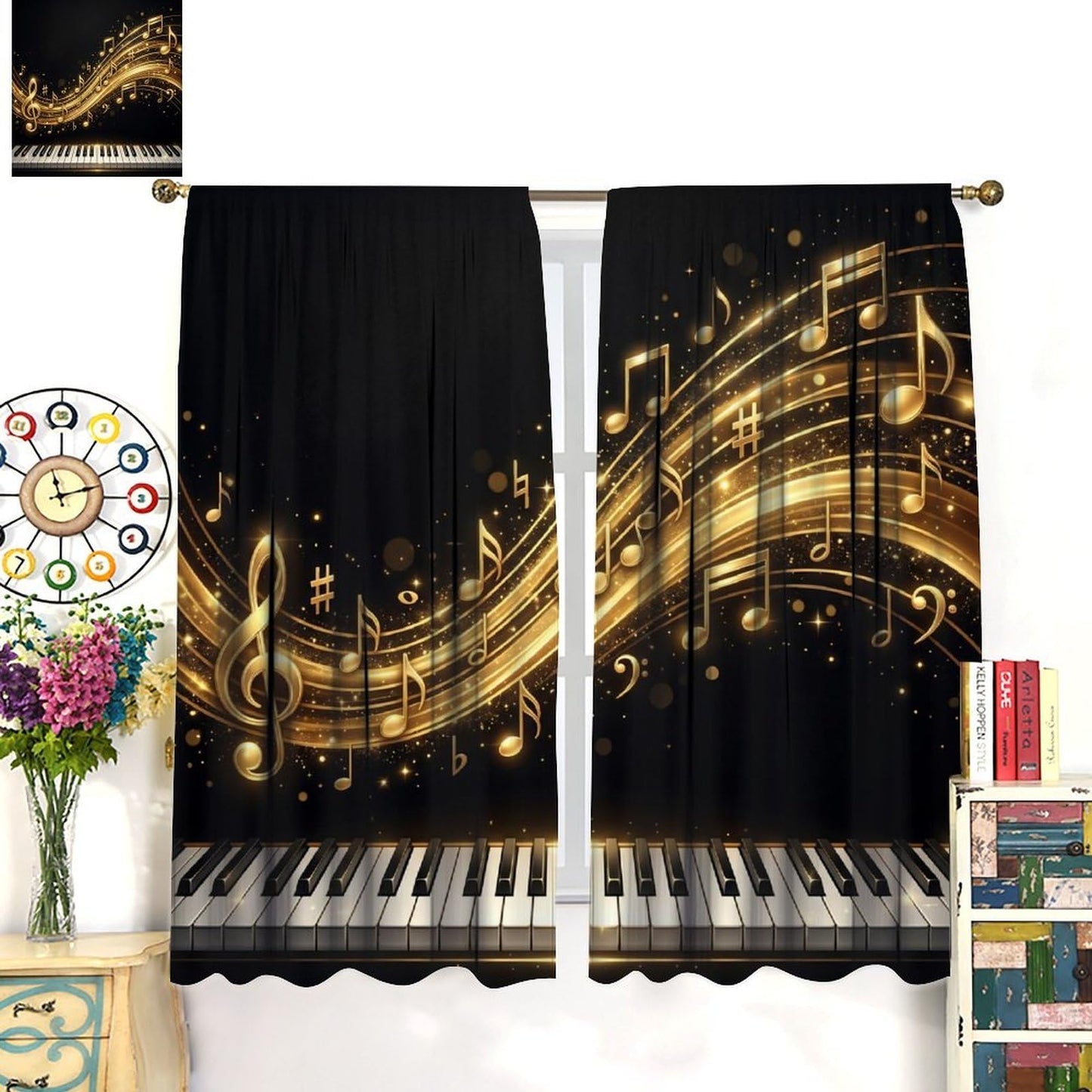 PHTAYOT Piano Key Music Curtains Black Golden Musical Notes Romantic Art Pattern Decor Window Drapes for Bedroom Living Room Home,2 Panels Set,42x45 Inch
