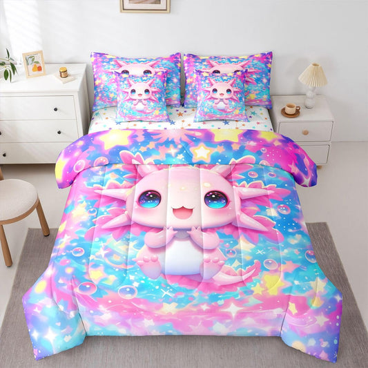 Kids Cute Axolotl Queen Bedding Set for Girls Teens Pink Axolotl Comforter Set with Flat and Fitted Sheet Dreamy Princess Rainbow Galaxy 7-Piece Bed in a Bag Cartoon Bubble Stars Sky Quilt Sets