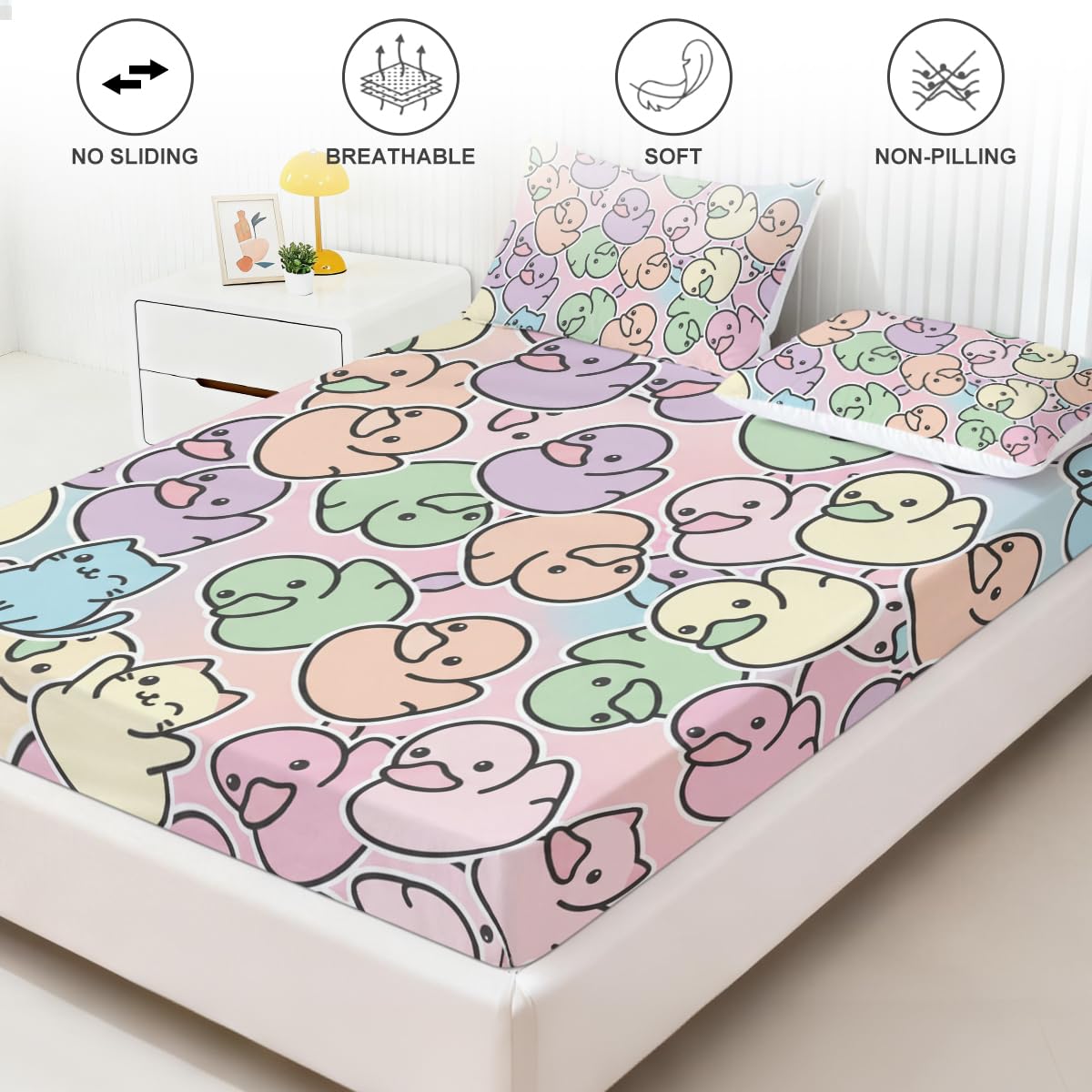 ARIGHTEX Pastel Duck Fitted Sheet Set Twin Size, 3 Pieces Cute Kawaii Animal Bedding with Cat & Duck Pattern, Soft Microfiber Bed Sheets for Girls Aesthetic Room Decor Gift