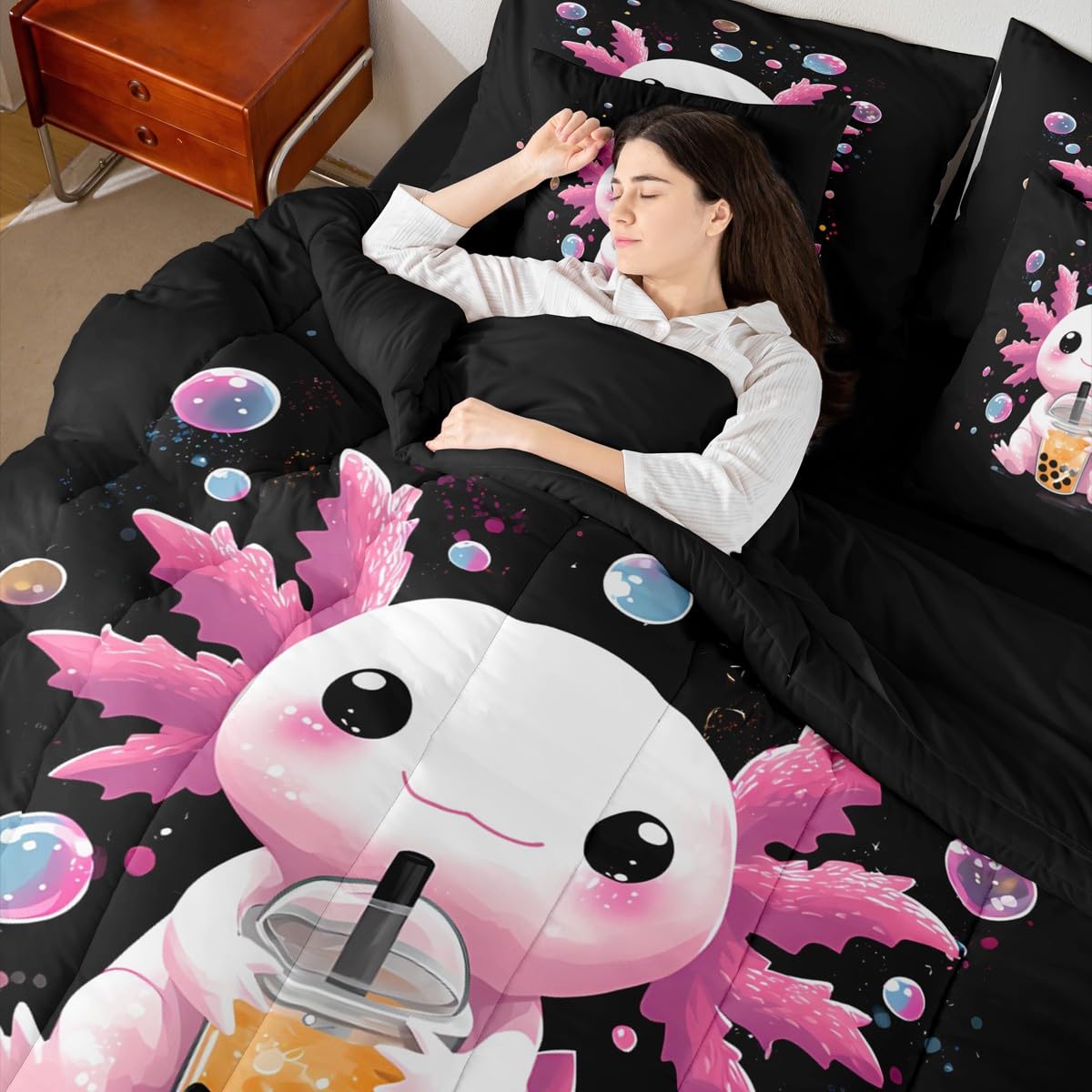 Erosebridal Axolotl 7 Piece Comforter Set Queen | Cute Boba Bed in A Bag Pink Salamander Sheet Set Breathable Lightweight Kawaii Bubble Tea Fitted Sheet Reversible