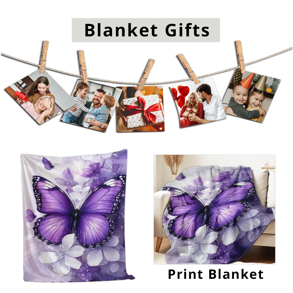 HUNXIAOJ Printed Bed Blanket Purple Butterfly Throws Soft Flannel Blanket Butterfly Gifts for Adults Kids Couch Butterflies Decor for Sofa Bed Office (49"x59")