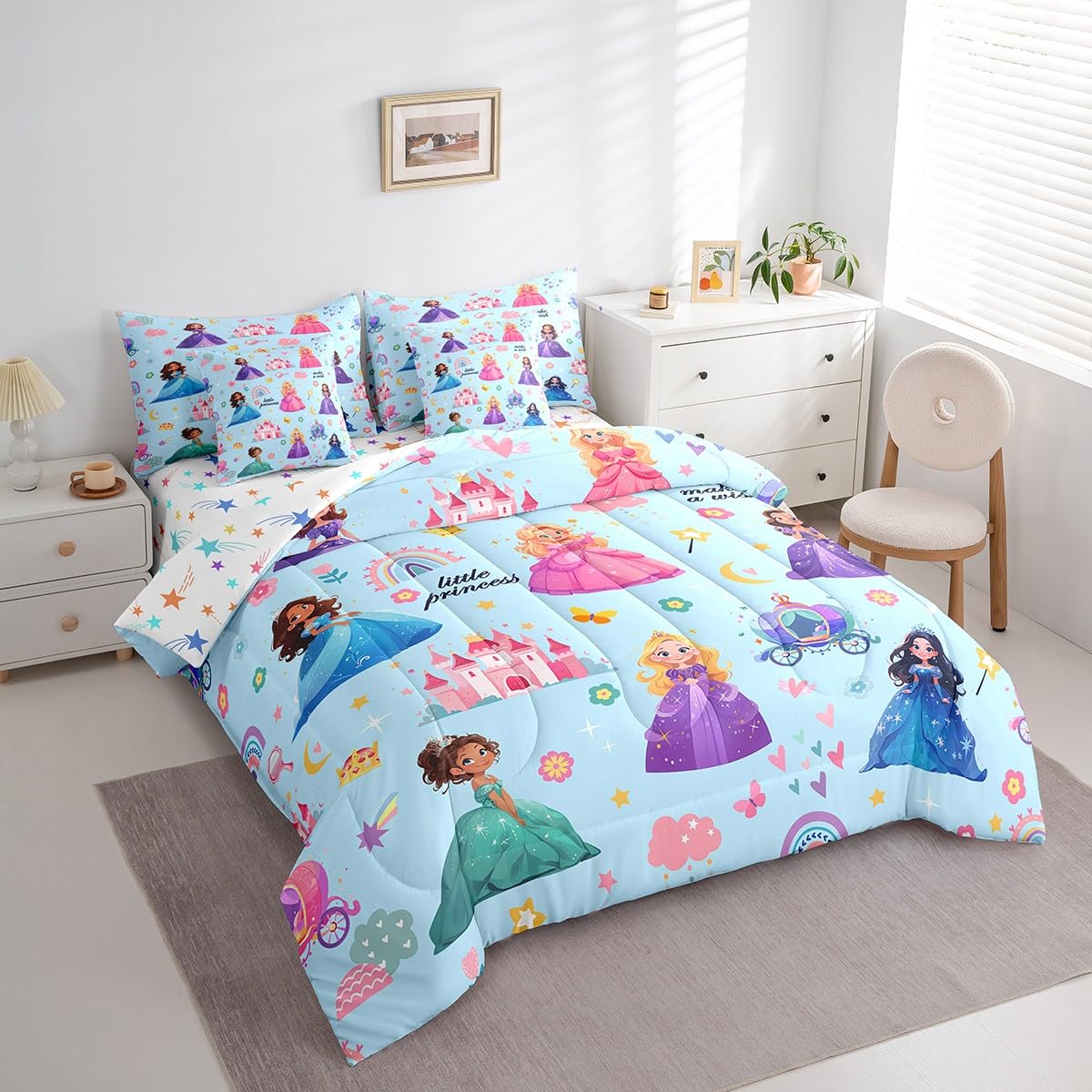 jejeloiu Cute Princess 7 Piece Bedding Set Queen Size Castle Comforter Set with Sheets,Pillowcases & Cushion Cover for Adults Fairy Dreamy Bed in a Bag Rainbow Flower Blue All Season Soft