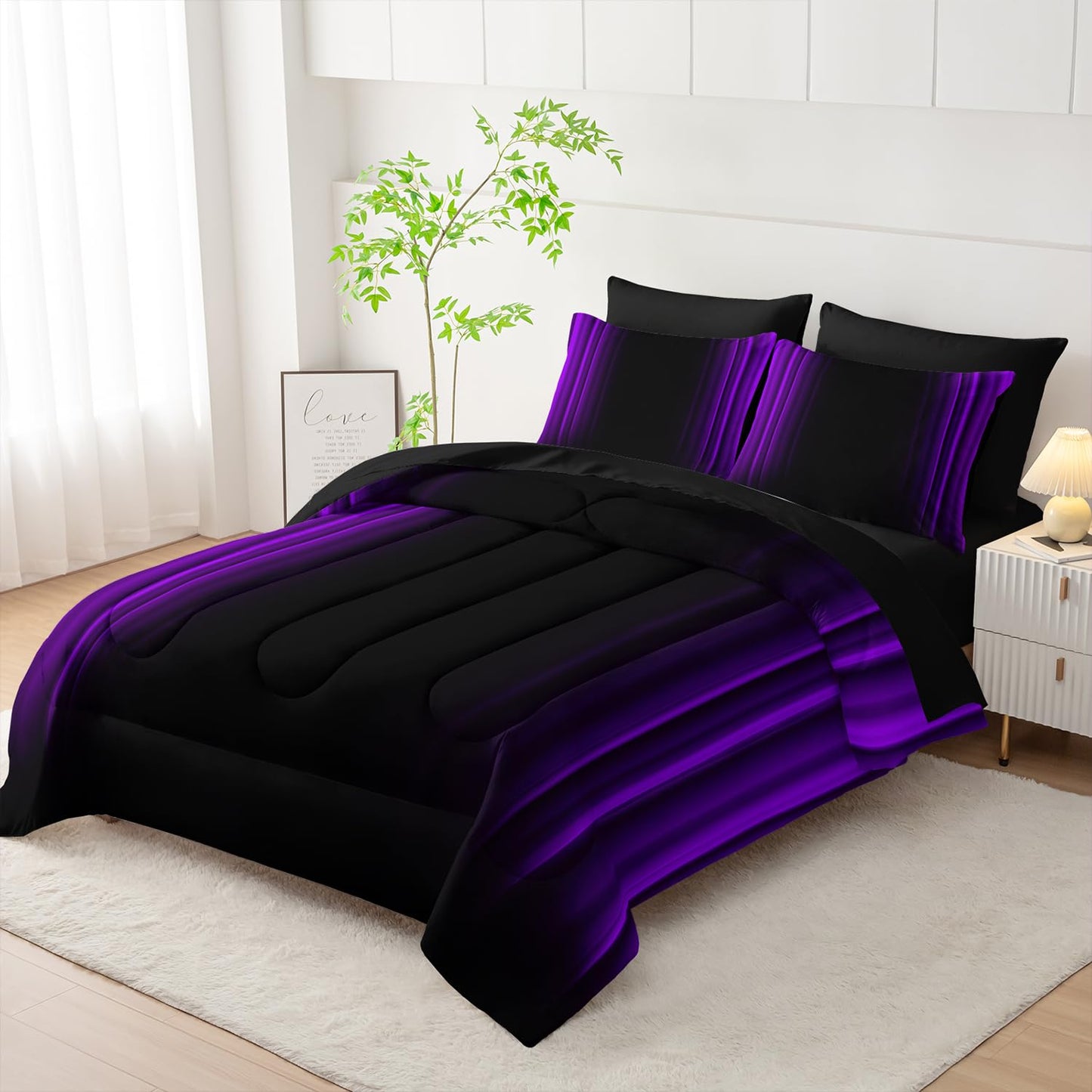 Nttopship Purple and Black Bedding Set King Size Abstract Ombre Comforter Set Bedding Set 7 Piece in A Bag,Dark Quilt Set Mordern Art Decor All Seasons with Pillowcases,Flat, Fitted Sheet