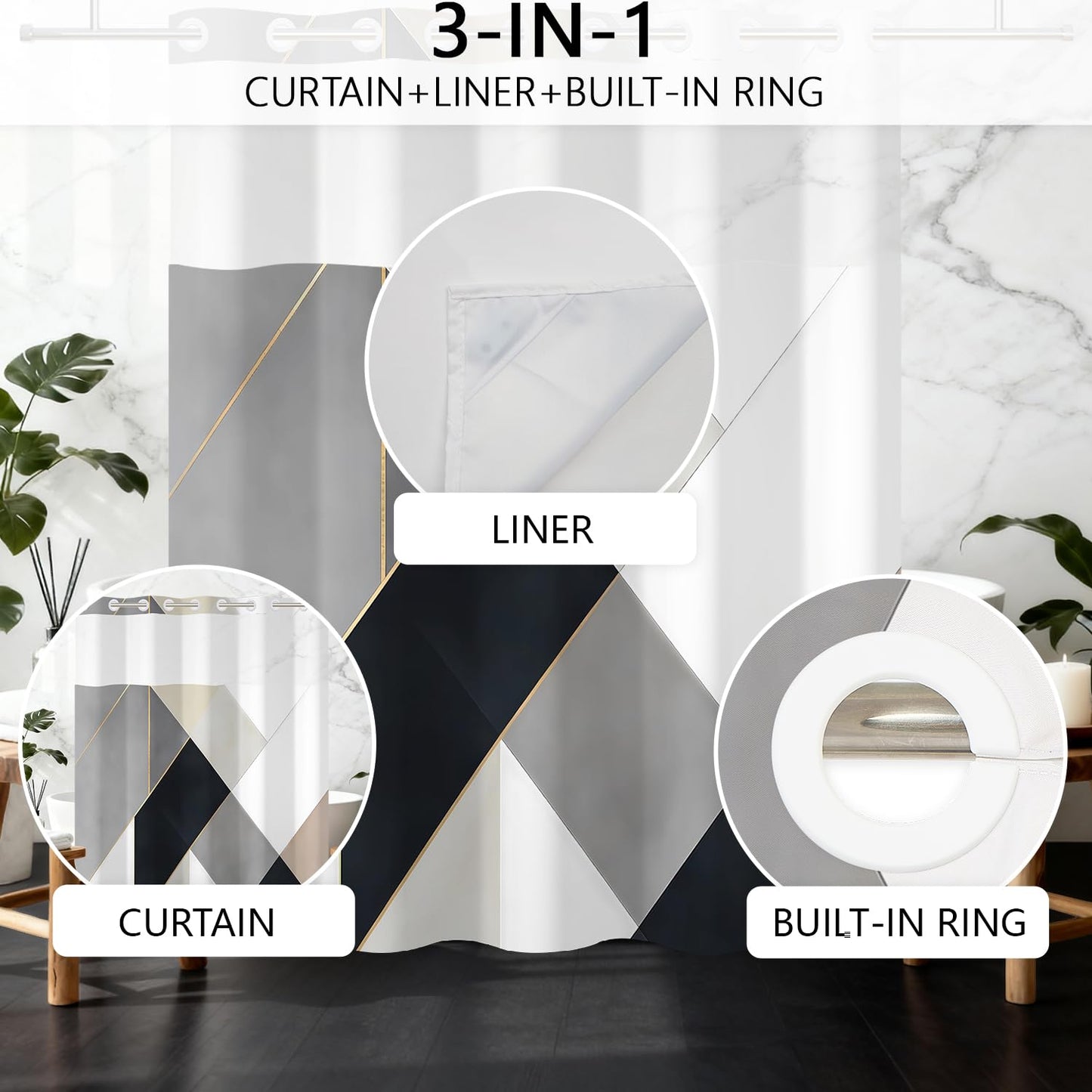 NAEMBCU Modern Geometric No Hook Shower Curtain with Snap-in Liner