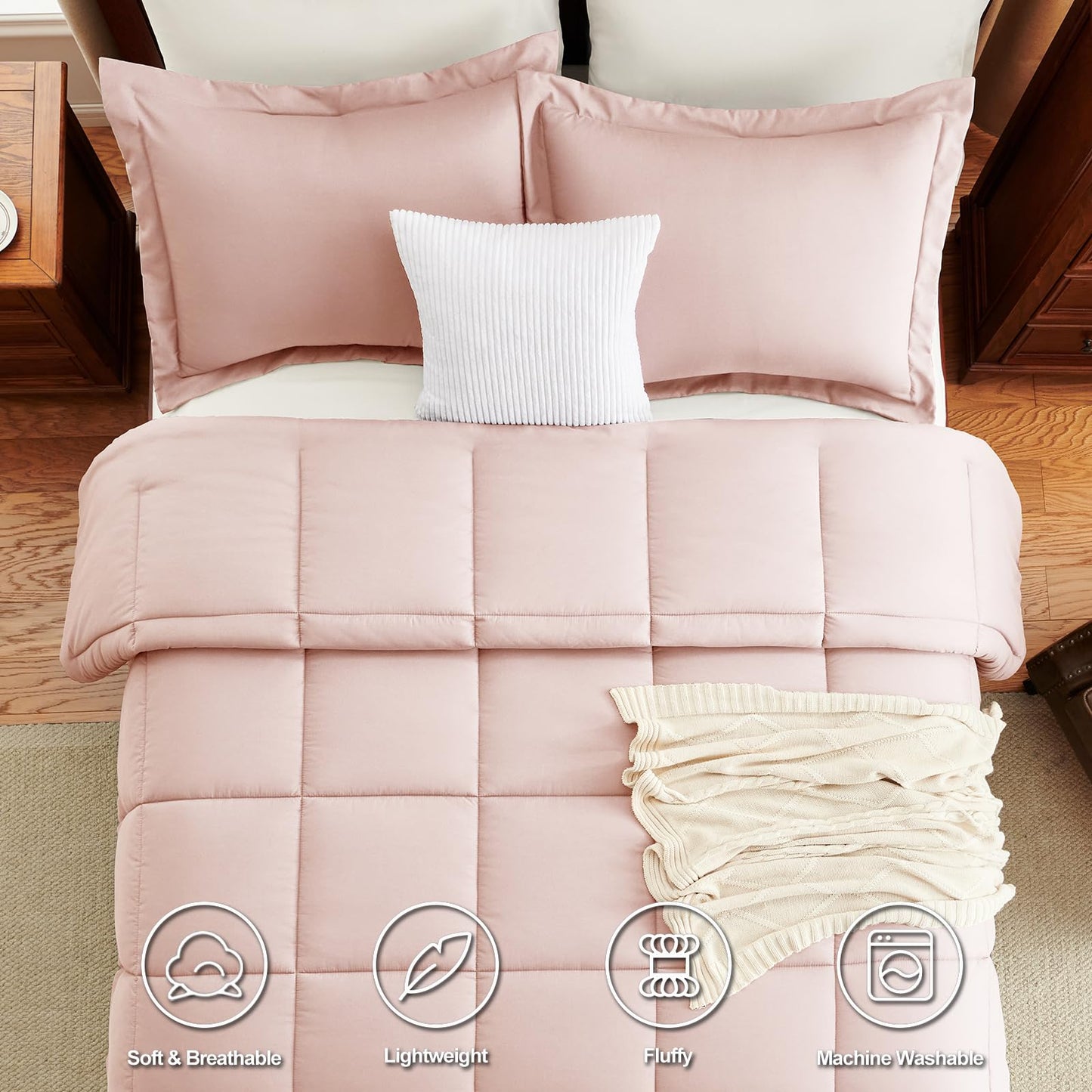 CozyLux Queen Comforter Set - 270GSM Blush Pink Bedding Sets for All Seasons, 3 Pieces Box Stitched Bed Set with 1 Down Alternative Comforter and 2 Pillow Shams, Soft, Lightweight, Breathable