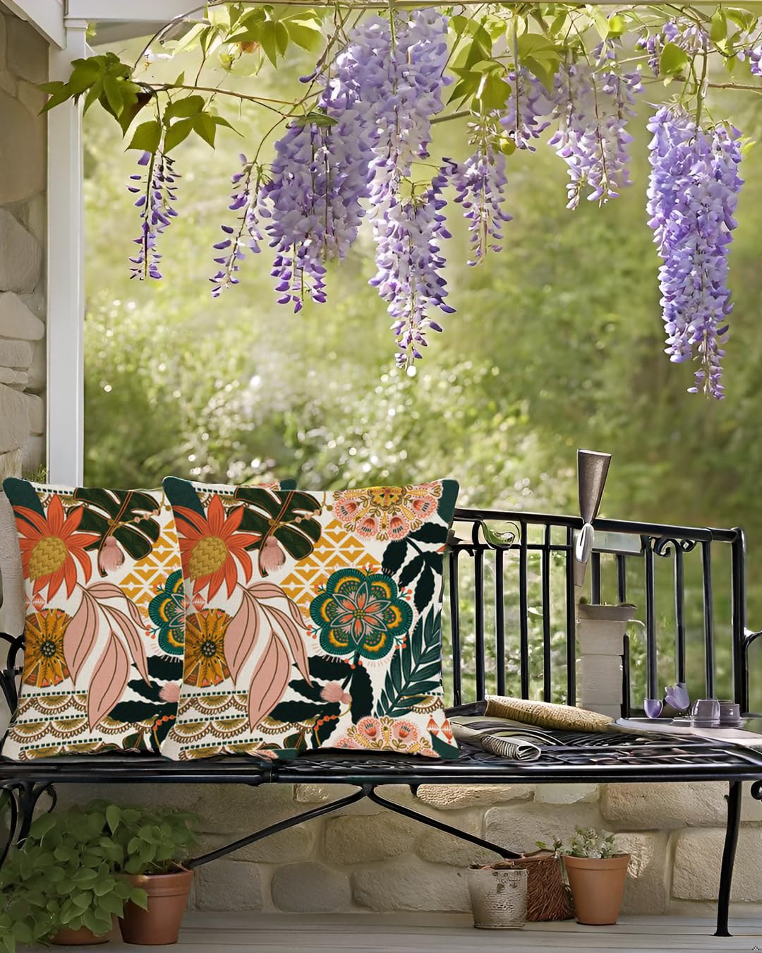 Jartinle Boho Floral Outdoor Pillow Covers 18x18 Waterproof Set of 2 Blooming Flower Leaves Pattern Porch Pillow Covers for Patio Furniture