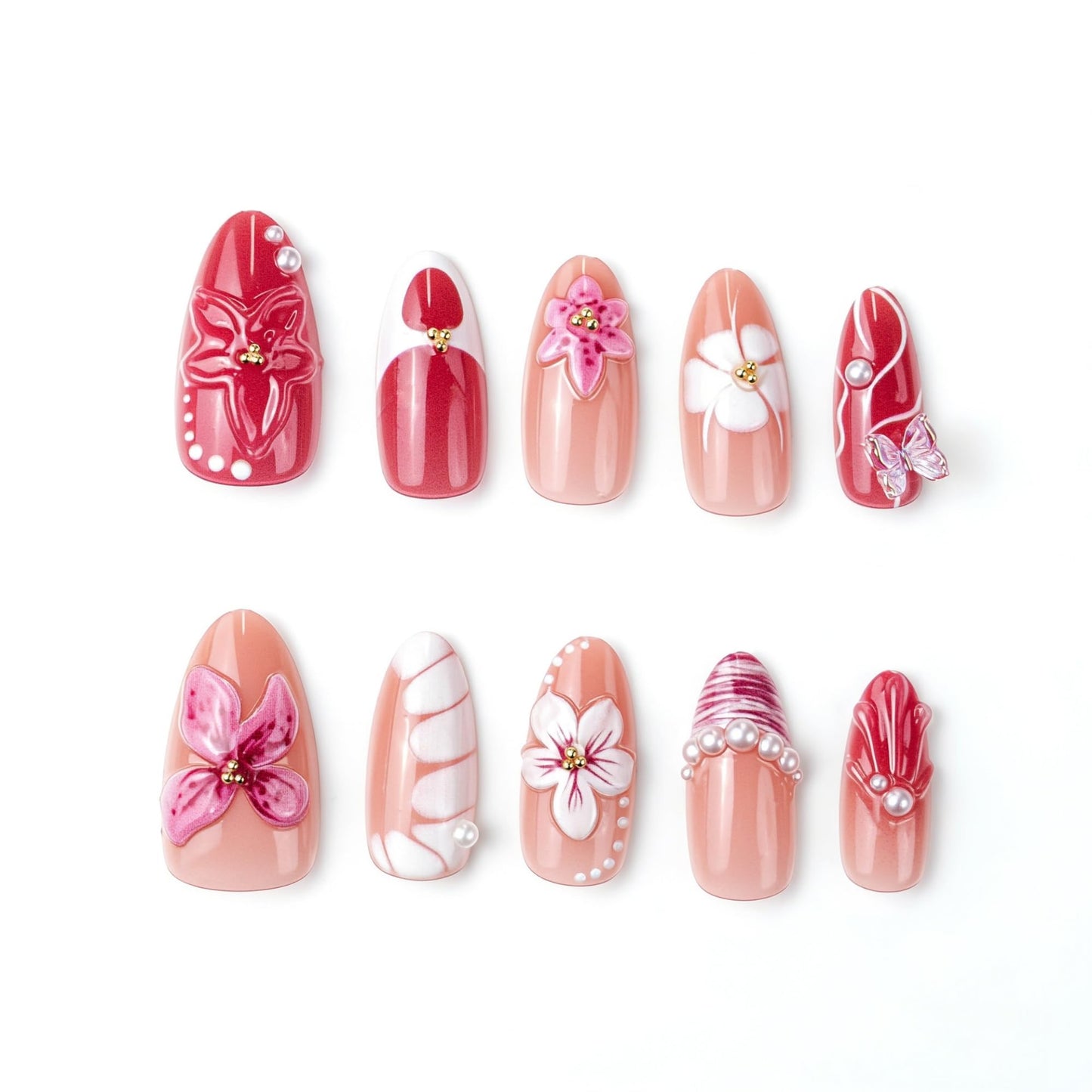 octoswave Press on Nails Medium Almond Fake Nails 3D Flowers Artificial Nail with Pearl Charm Stick on Nail for Women 30pcs