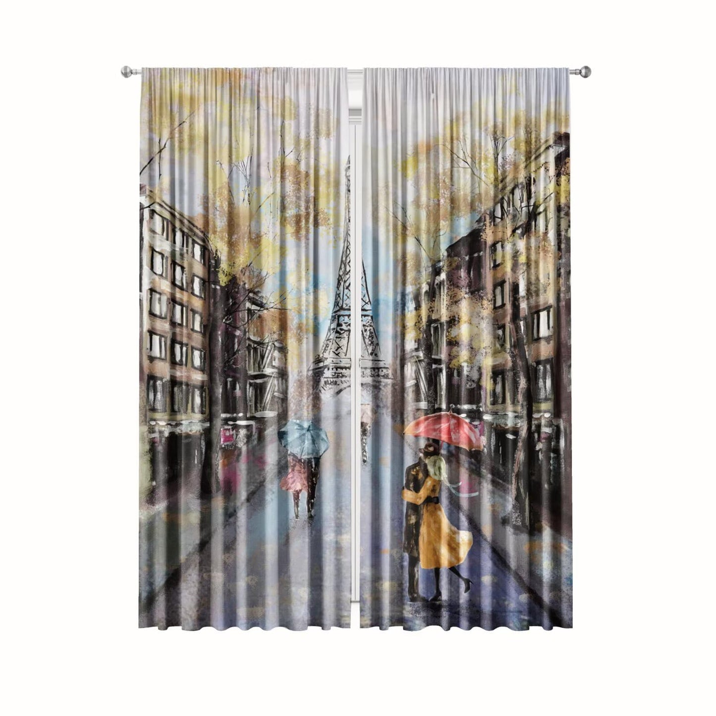Paris Romantic Blackout Curtains for Girls, Oil Painting Autumn Lovers Kiss On Rainy France Street Eiffel Tower Print Decor Window Treatments, Drapes for Kitchen Living Room, 42 x 45 inch 2 Panels