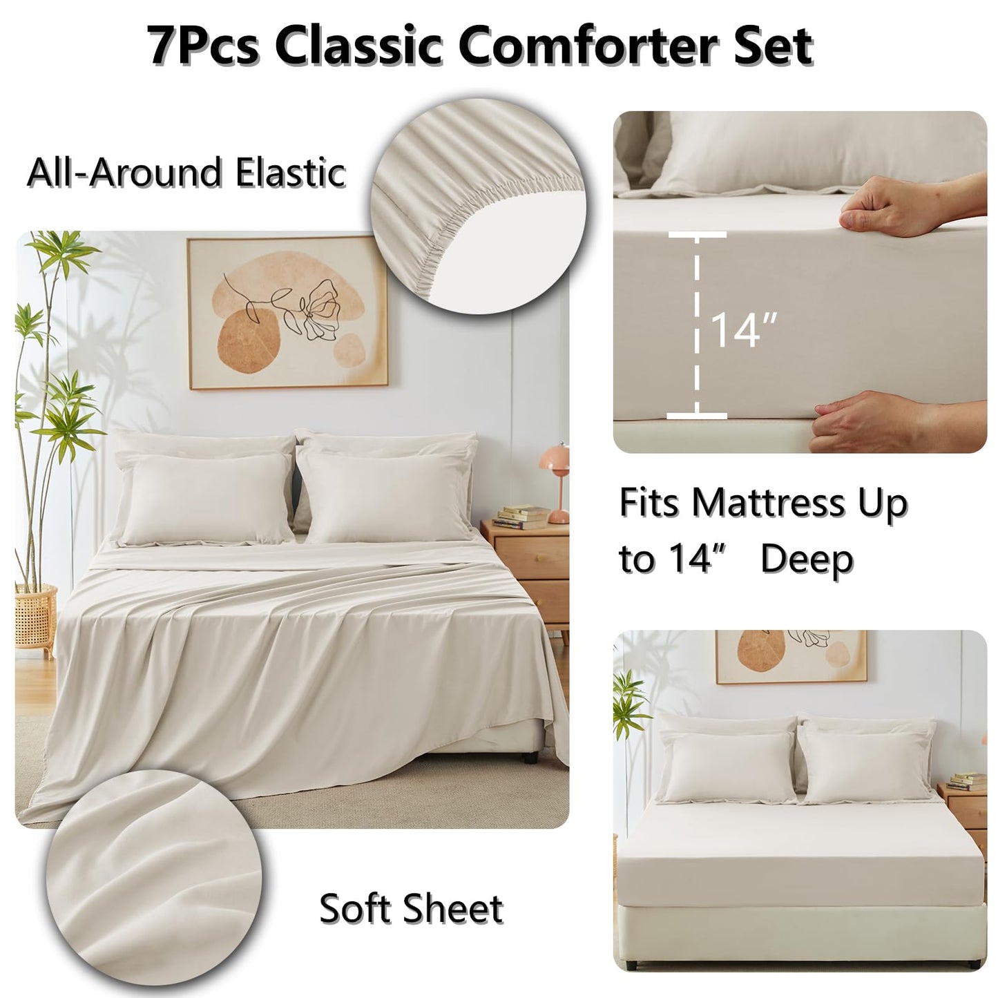 CozyLux Queen Comforter Set Beige - Bed in a Bag Queen Size 7 Pieces, Luxury Soft Bed Set for All Seasons, Bedding Set with Down Alternative Comforter, Sheets, Pillowcases & Shams