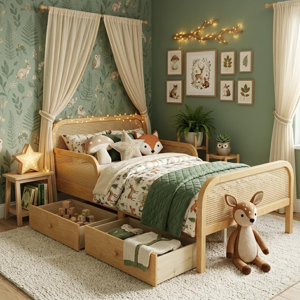 Duxelifin Full Kids Bed Frame with Storage Drawers,Rattan Wood Platform Bed with Headboard & Footboard, Low Profile Boho Daybed, No Box Spring Needed, Full Size Bed Frame for Boys Girls，Natural