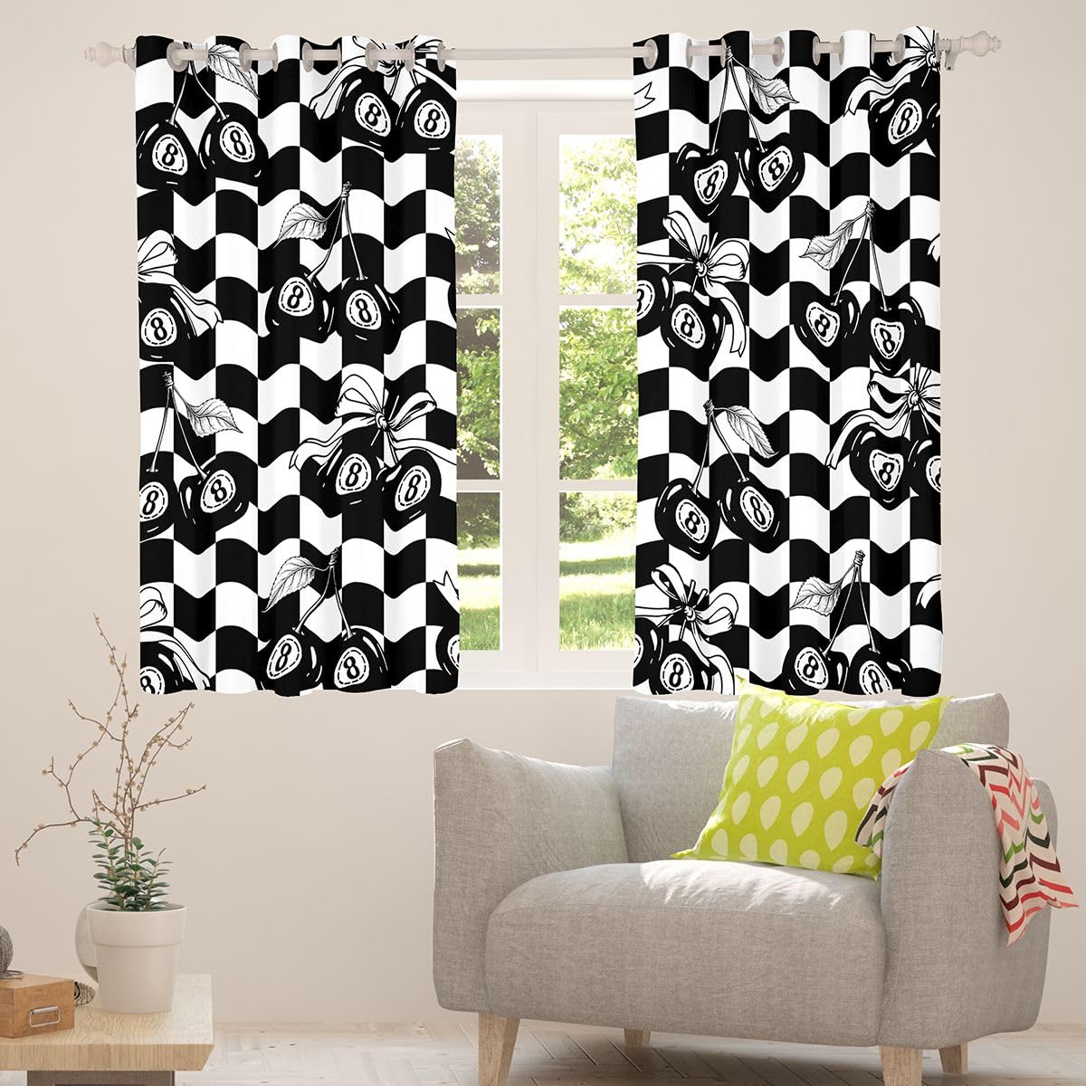 Erosebridal Black and White Checkered Blackout Curtains for Bedroom Y2K Lucky 8 Ball Window Curtains 2 Panels 42" Wx63 L Fashion Coquette Cherry Bow Drapes,Trendy Aesthetic Preppy Window Treatments
