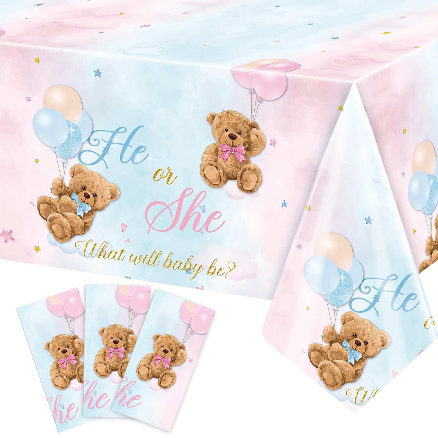 Tiamon 3pcs Bear Gender Reveal Tablecloths Decorations He or She Gender Reveal Table Covers Pink and Blue Rectangle Plastic Bear Baby Shower Table Cloths Party Decorations Supplies, 54 x 108 Inch