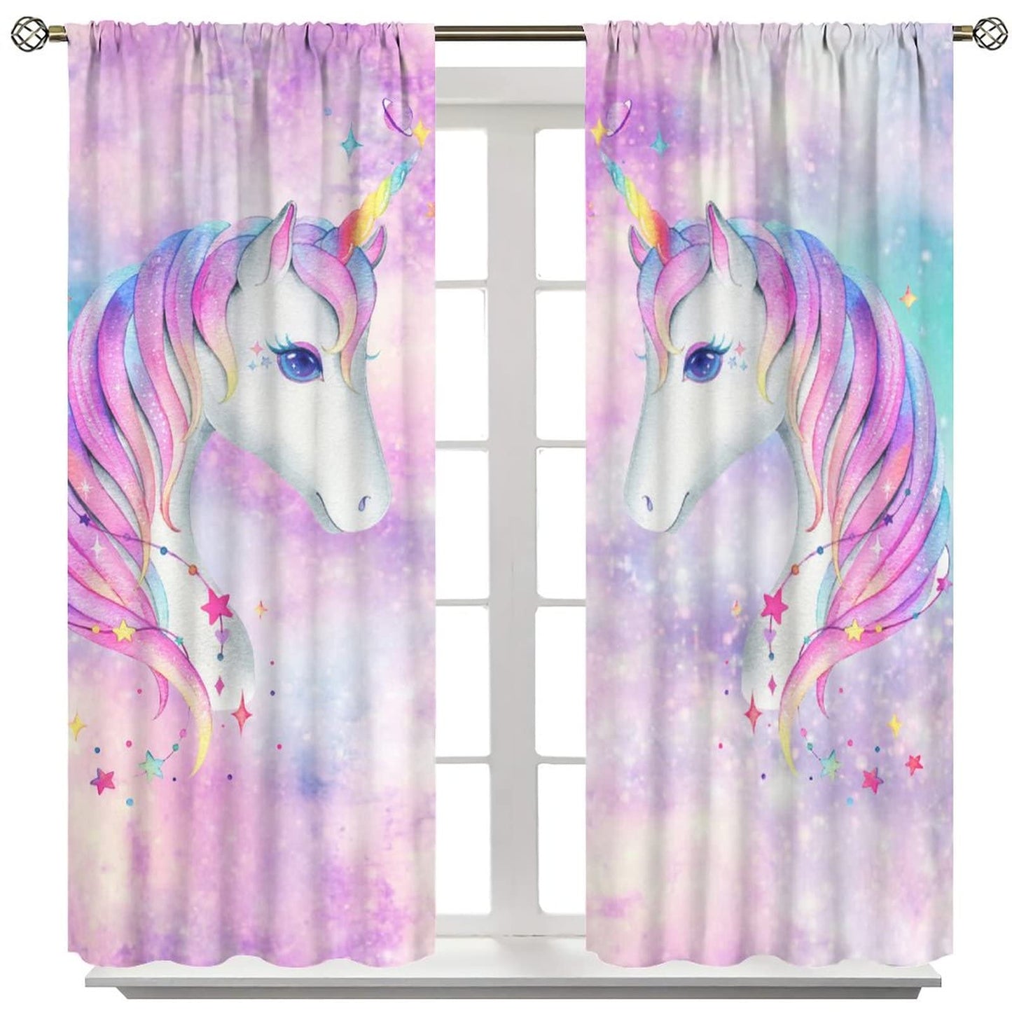 Rainbow Unicorn Bedroom Curtains,Purple Pink Dream Universe Starry Sky Kids Bedroom Living Room Window Treatments Curtains 42x45 Inch