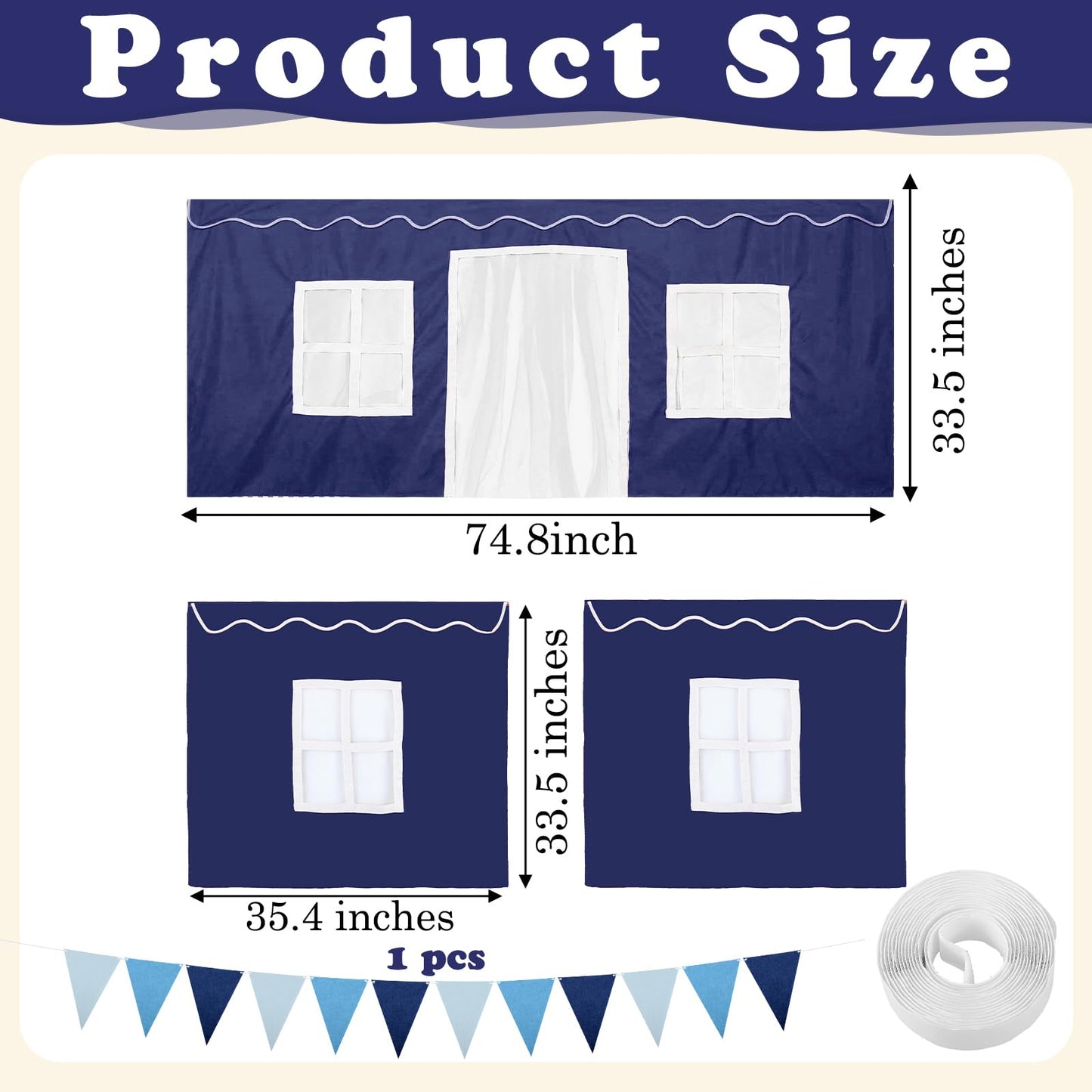 Breling 3 Panel Bunk Bed Curtains for Bottom Loft Bed Tent Set with Felt Flag Double-Layer Twin Bunk Curtains Playhouse Accessories for Boy Girl Bedroom(Blue and White,Classic)