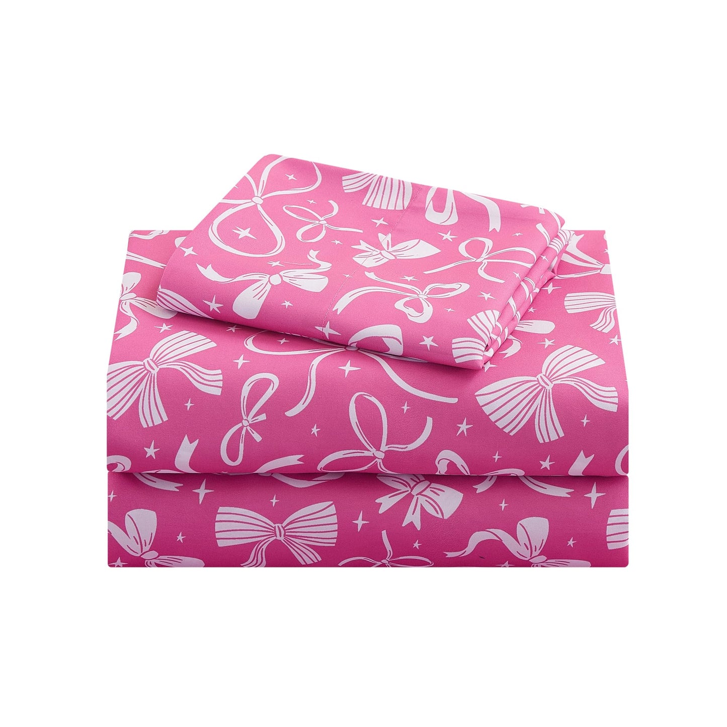 lasoftan Kids Sheet Set Twin Size, Twin Sheet Set with Pink Bow Pattern，Breathable Silky Soft Microfiber Kids Fitted Sheet