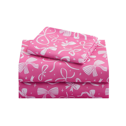 lasoftan Kids Sheet Set Twin Size, Twin Sheet Set with Pink Bow Pattern，Breathable Silky Soft Microfiber Kids Fitted Sheet