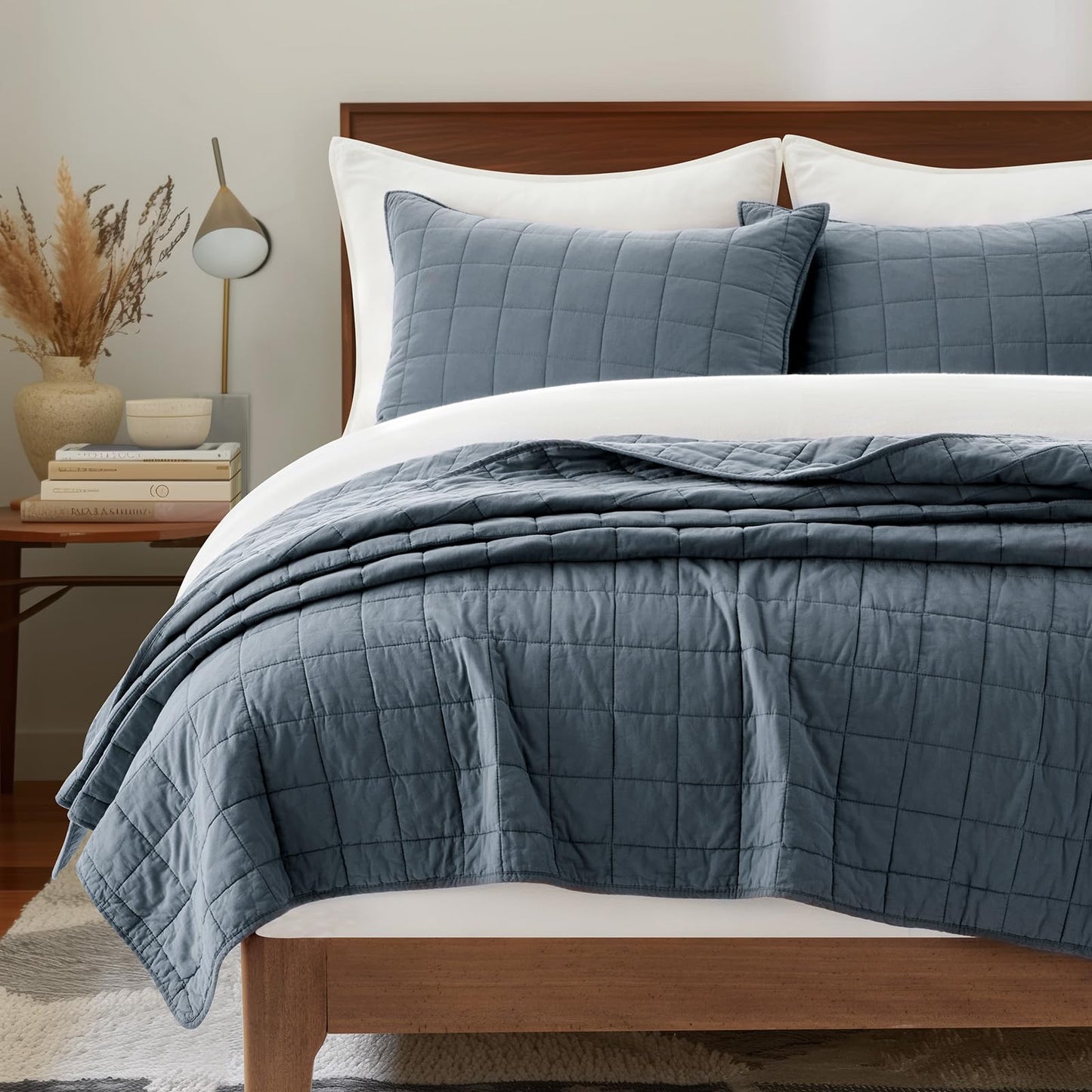 EVERGRACEHOME 100% Cotton Box Stitch Quilt Bedding Set Queen Size 3 Pieces, Garment-Washed Lightweight Soft Cozy Coverlet, Quilted Bedspread Sets with 2 Shams for All Season, Midnight Blue
