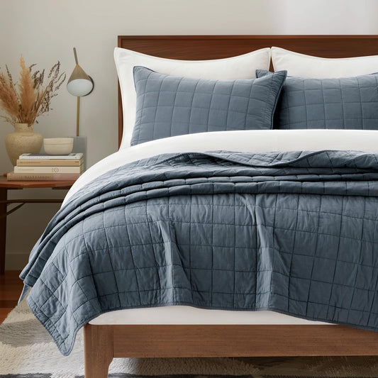 EVERGRACEHOME 100% Cotton Box Stitch Quilt Bedding Set Queen Size 3 Pieces, Garment-Washed Lightweight Soft Cozy Coverlet, Quilted Bedspread Sets with 2 Shams for All Season, Midnight Blue