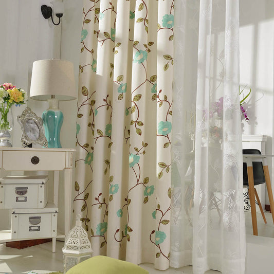 VOGOL White Linen Curtains 63 inch Length Blue Floral Embroidered Grommet Window Panels for Bedroom, W52xL63, 2-Panel Pack