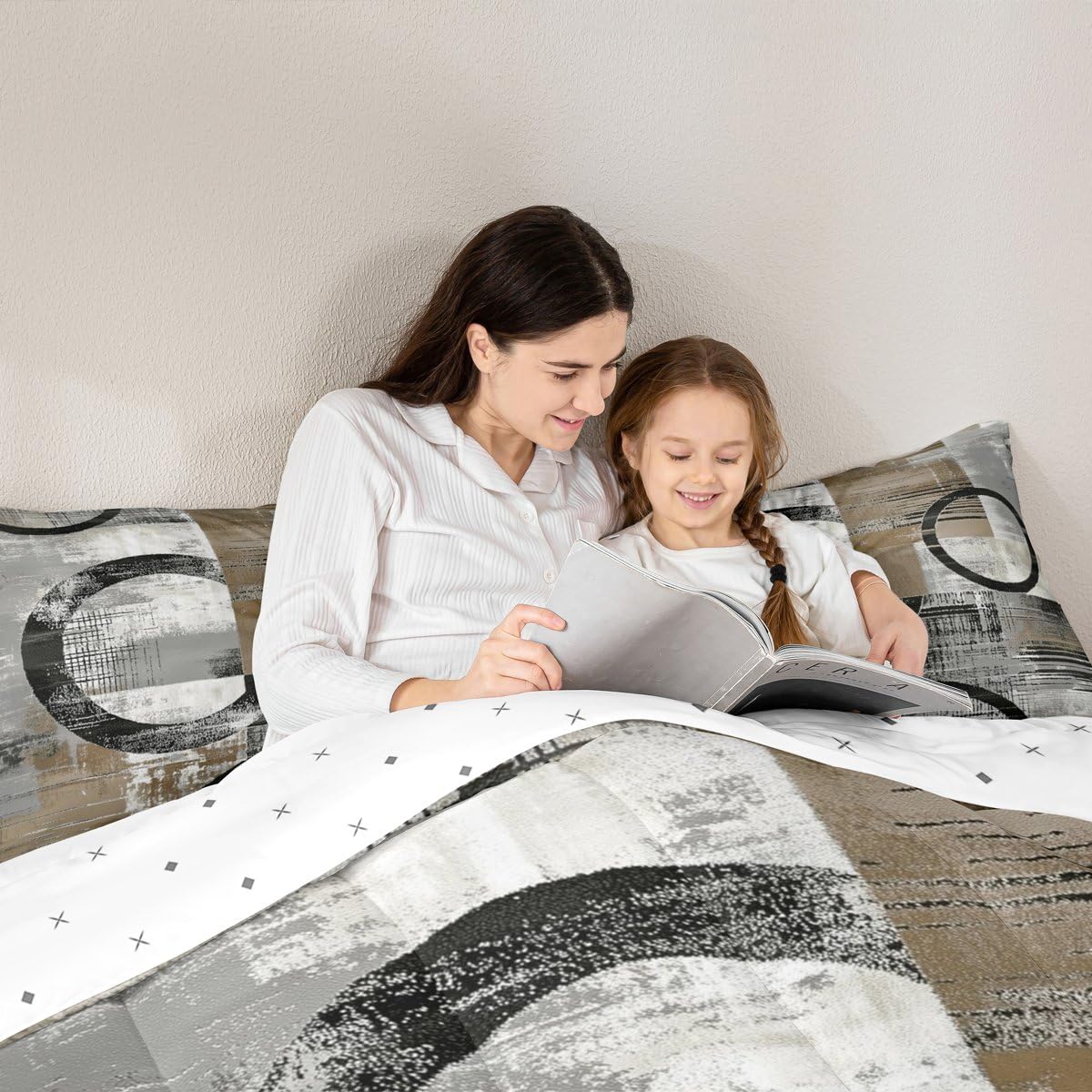 Feelyou Abstract Kids Comforter Set Full Size Modern Abstract Art Bedding Set Geometric Duvet Quilt for Kids Boys Girls Bedroom Luxury Decor Umber Ultra Soft