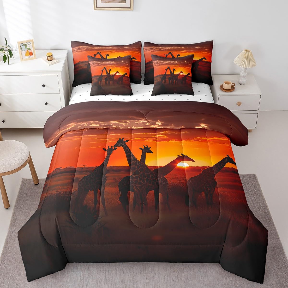 Erosebridal Giraffe Comforter Set 3D Giraffe Printed Bedding Sets 7 Piece Twin Natural Sunrise Scenery Bed in A Bag Jungle Wildlife Quilt with Flat Fitted Sheet Safair African Animals Pillow Covers