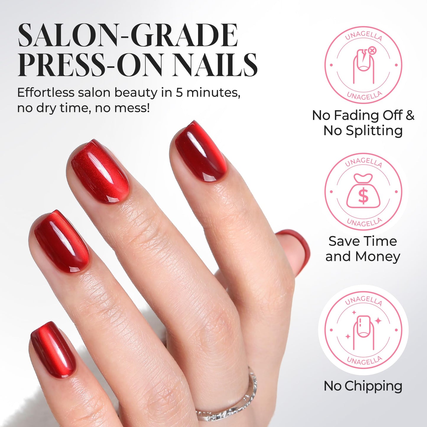 UNA GELLA 32Pcs Soft Gel Press on Nails - 16 Sizes Red Cat Eye Short Square Glue on Nails, Reusable Glitter Velvet Red False Nails, Full Cover Acrylic Nail Kit for Women DIY Home Manicure
