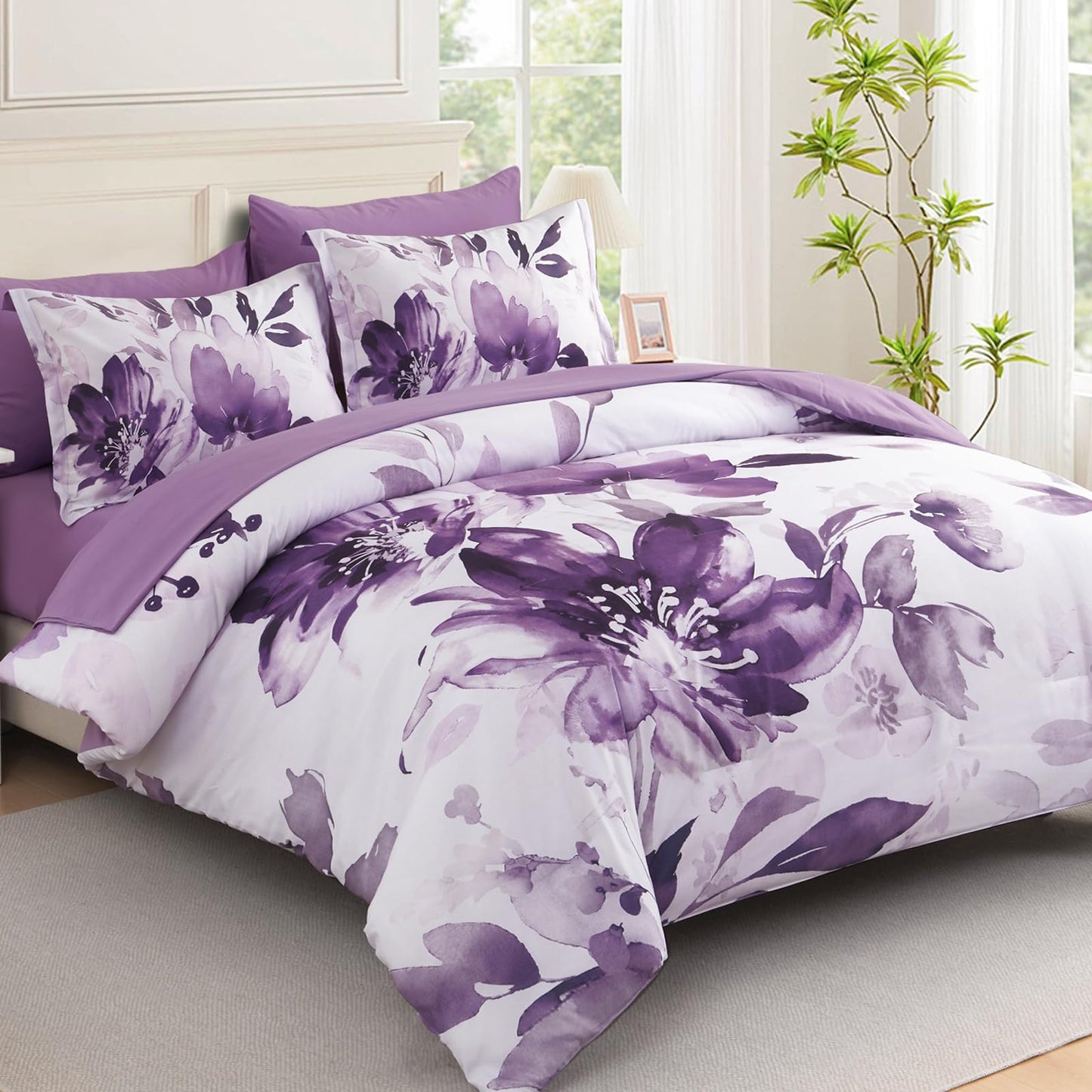 Luxudecor Floral Comforter Set Queen Size, 7 Piece Purple Flower Set Bed in a Bag,Soft Microfiber Farmhouse Shabby Chic Bedding Set for All Seasons(90"x90")