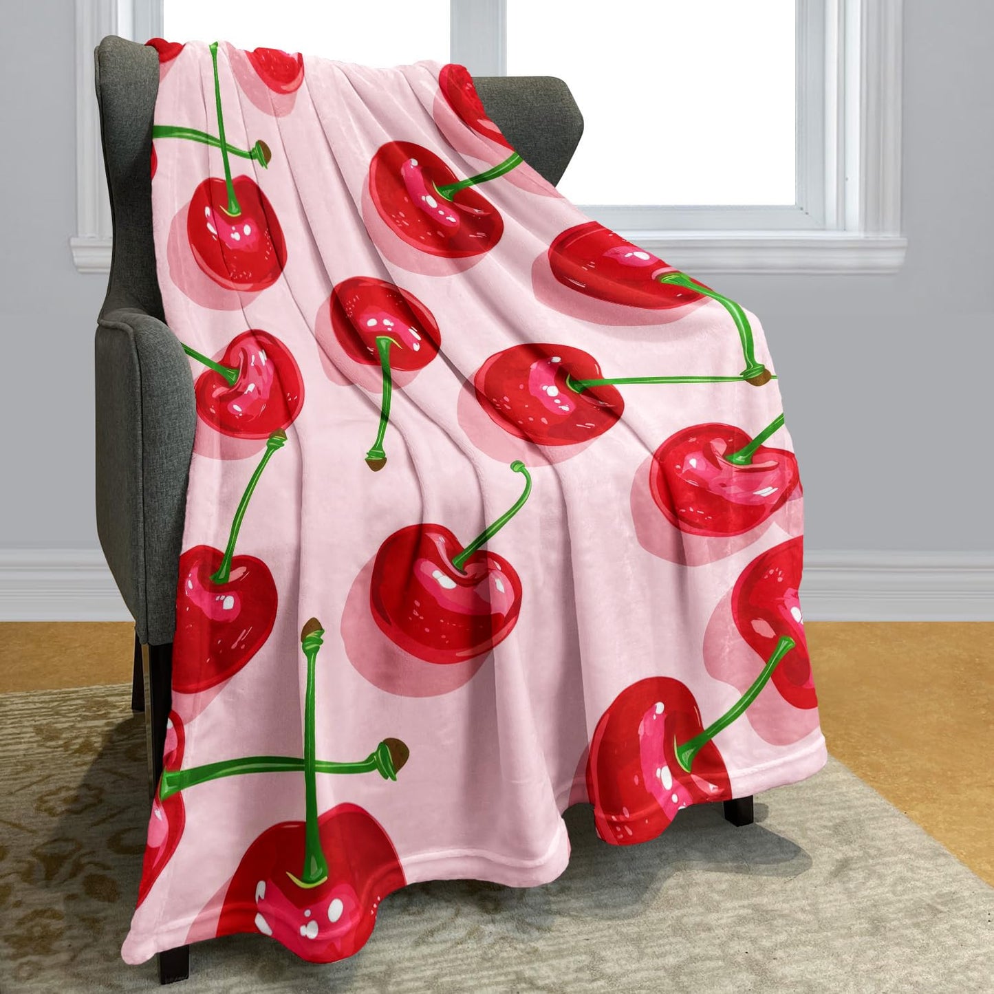 XSMEI Cherry Pattern Throw Blanket, Decorative Fleece Blanket with Fresh Fruit Design, Super Soft Warm and Cozy, Gifts for Women Girls Kids, 60" x 80"