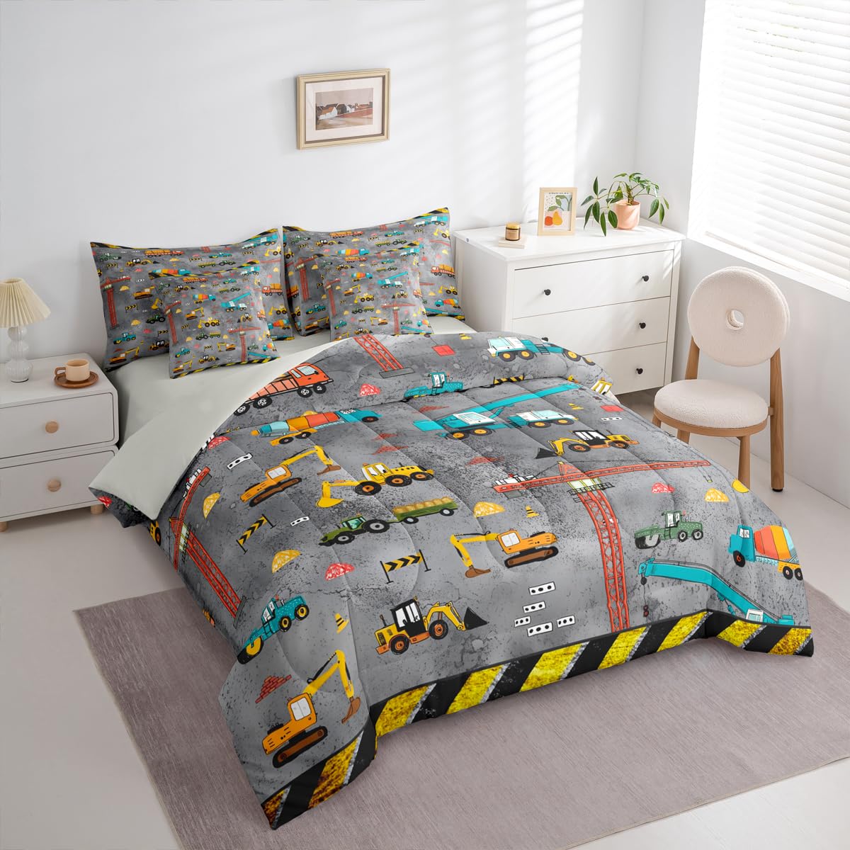 Erosebridal Kids Excavator Bed in A Bag 7 Piece Tractor Truck Comforter Set Twin Size Construction Vehicle Bedding Sets for Kids Teens Boys Girls Equipment Heavy Blender Sheet Set