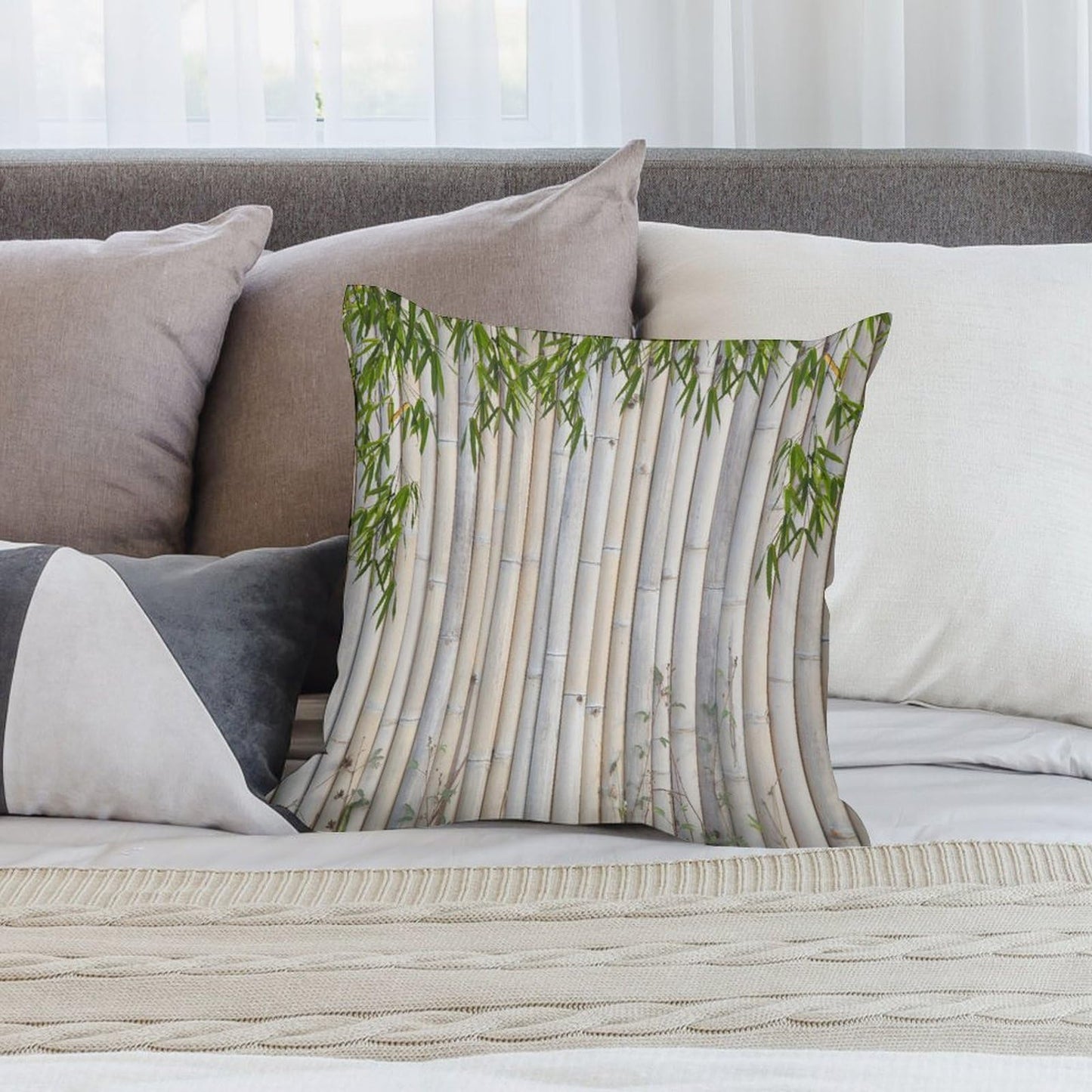Bamboo Pillow Covers Set of 2,Japanese Asian Plant Nature Beige Brown Throw Pillow Covers 16x16 Inches Cotton Square Pillow Cover Set for Couch Bed Living Room Outdoor 16 "x16