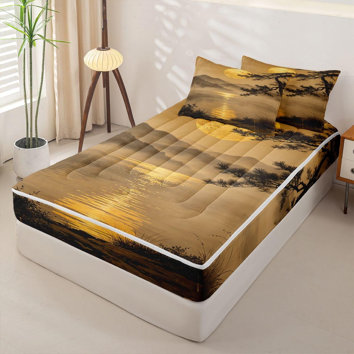 Feelyou Landscape Zipper Bedding for Kids Sunset Full Comforter Set with Fitted Sheet 2 Pillowcases Japanese Bed in a Bag Soft Lightweight Microfiber