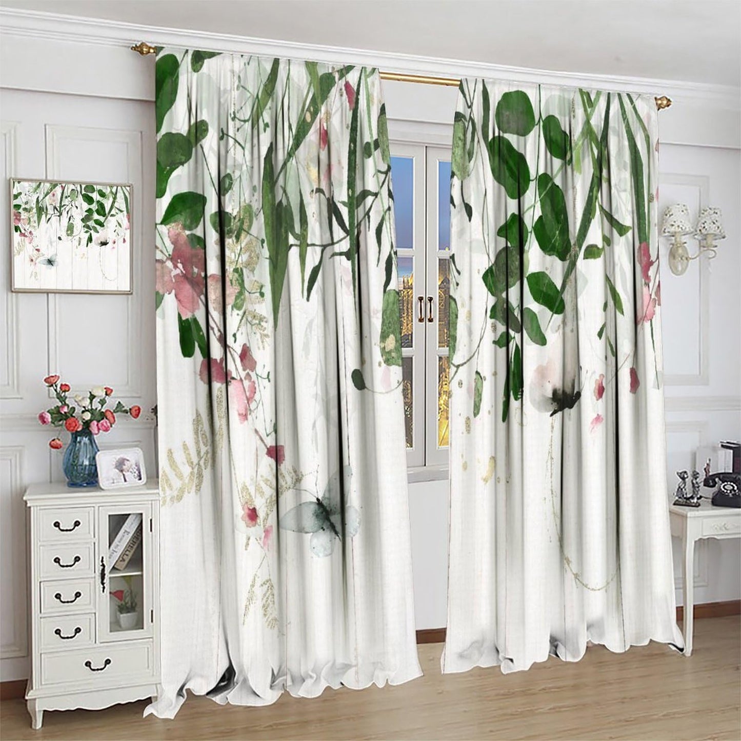 Rustic Floral Curtains Green Grey Eucalyptus Botanical Leaves Butterfly Farmhouse Flower Leaf Pattern Decor Rod Pocket Drapes for Bedroom Living Room,2 Panels Set,42x45Inch