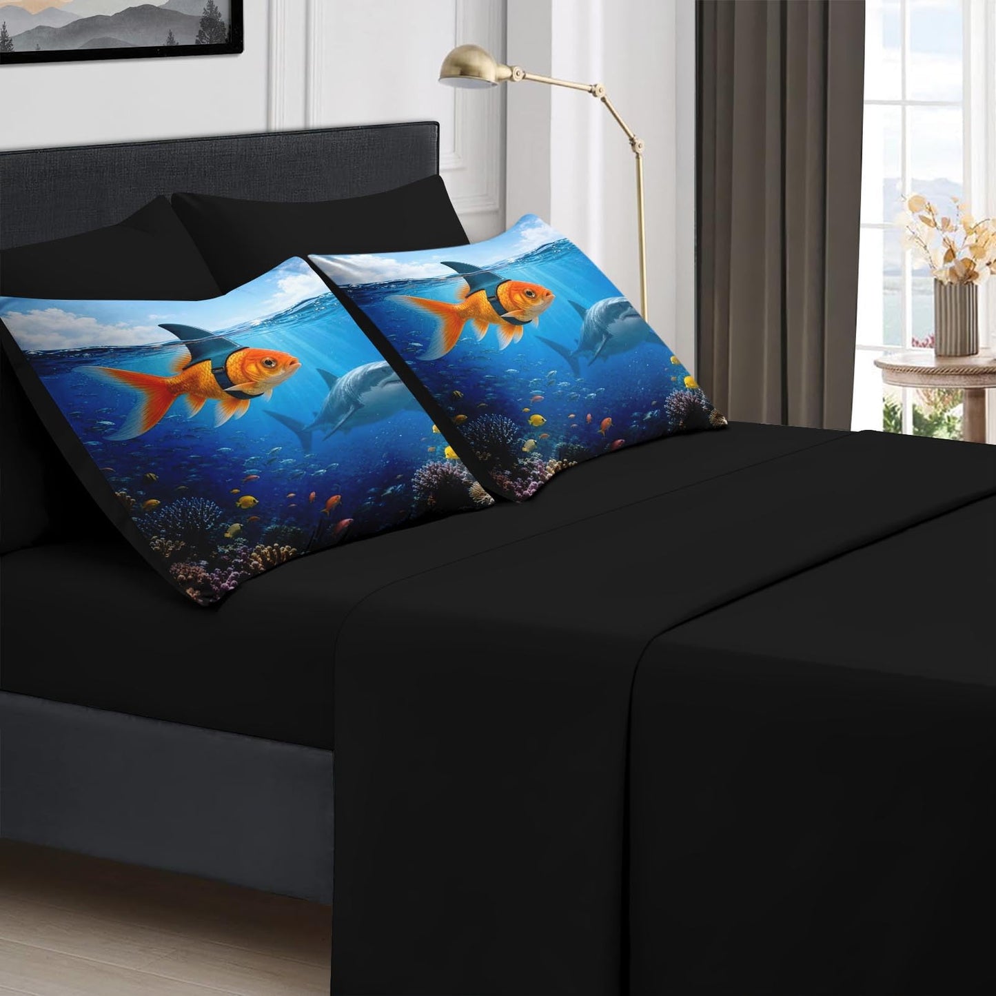 Boewywh Comforter Set Twin Size Funny Shark Ocean 7 Pcs, Bedding for Kids and Adults, Fish Blue Bed Sheet Sets with Fitted Sheet 2 Pillowcases & 2 Shams for Bedroom Bed Decor