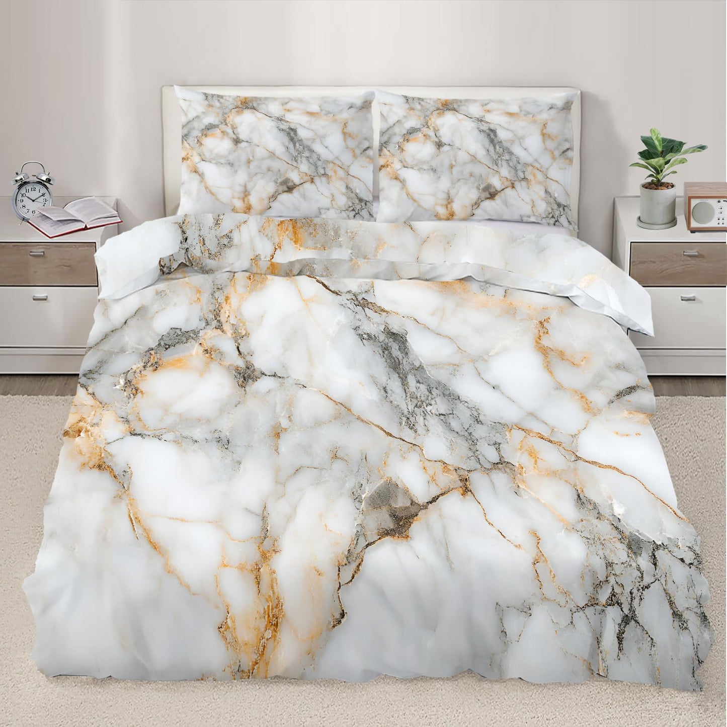 PAISUOQ Marble Duvet Cover King Size, Grey Gold Texture Bedding Set, 3 Piece, Soft Microfiber Patterned Comforter Cover with Zipper Ties & 2 Pillowcase, Nordic Marble Bedroom Decor & Gifts