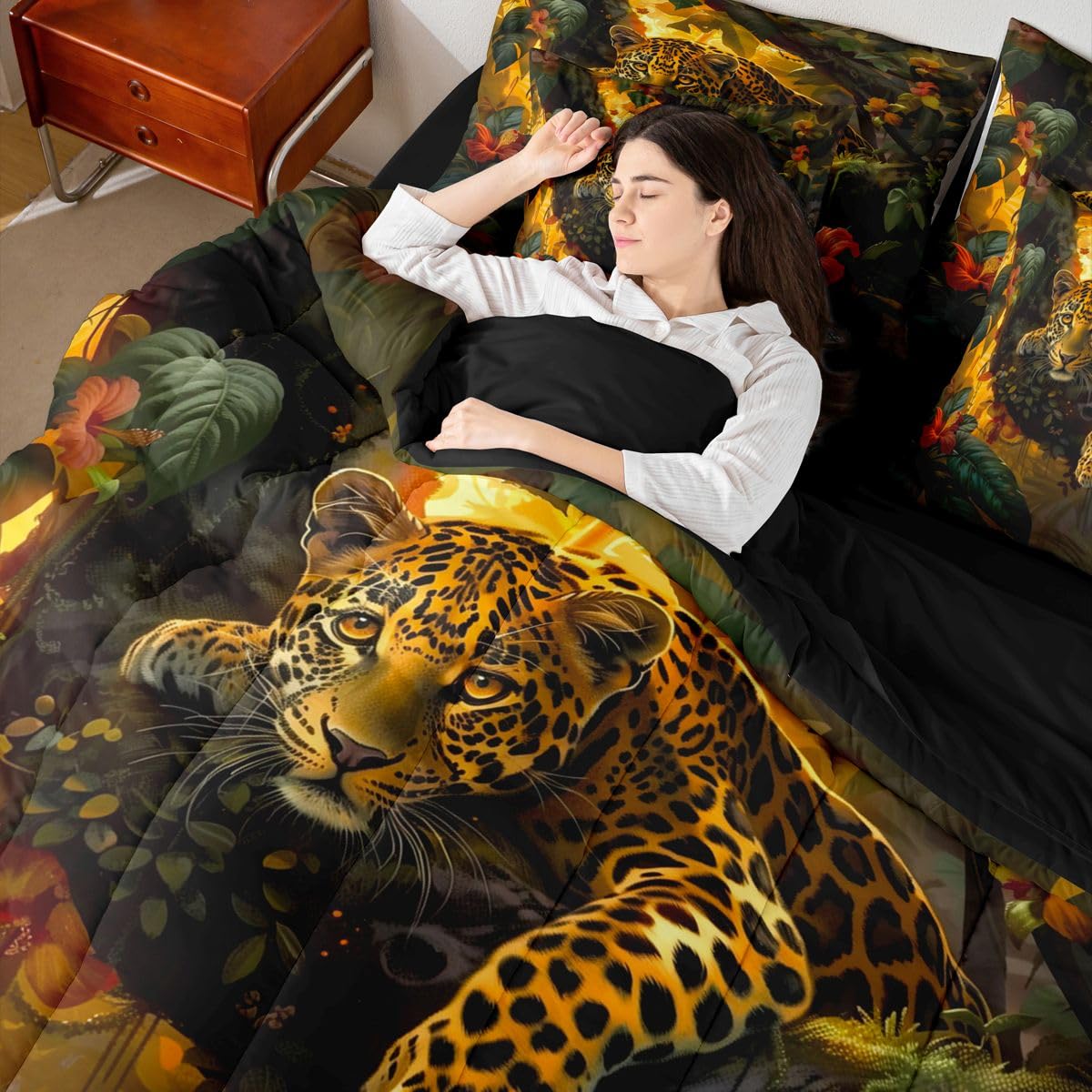 Feelyou Leopard Comforter Set with Sheets 7 Piece Queen Size Cheetah Print Bedding Set for Kids Boys Girls Wild Animal Bed in a Bag Safari Room Decor Soft Microfiber