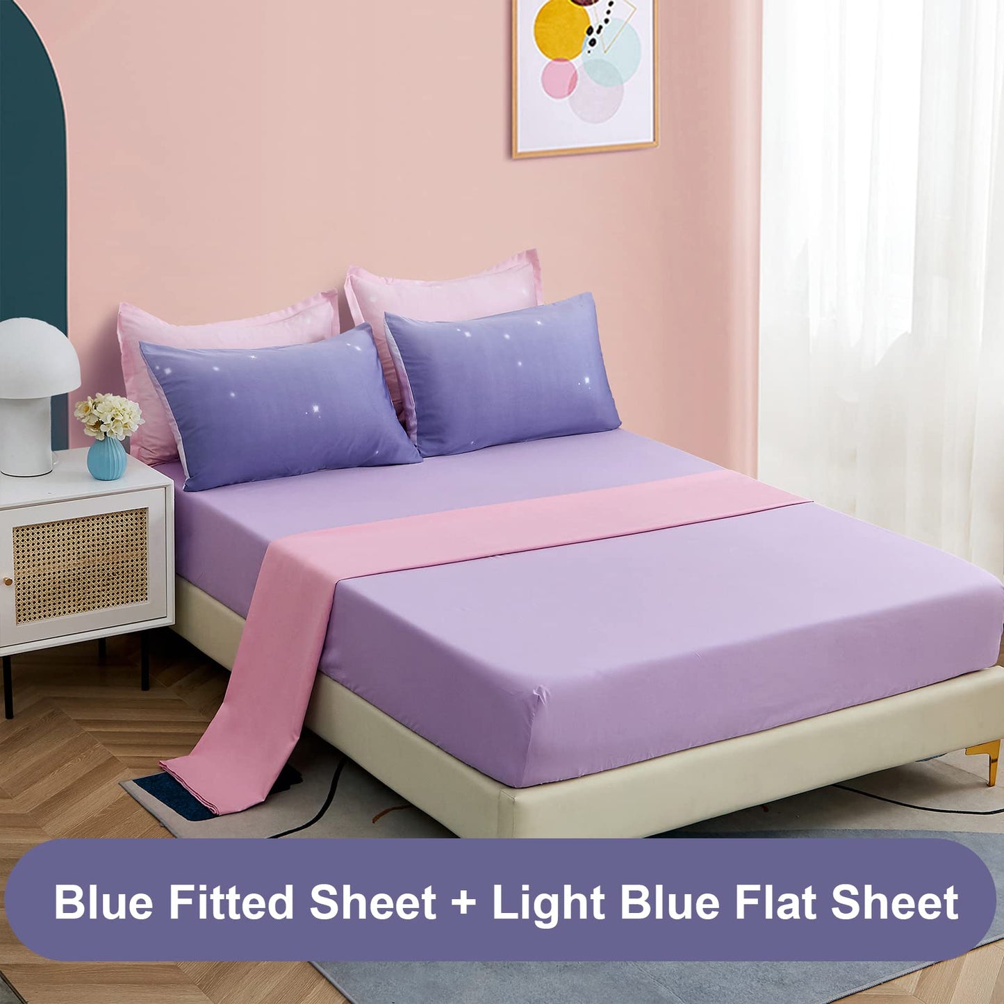 Dinjoy Girls Women Comforter Set King Size Ombre Pink Purple Rainbow Bedding Set 7 Pieces Bed in A Bag for Teen Adult (1 Comforter, 1 Flat Sheet, 1 Fitted Sheet, Pillow Shams & Pillowcases)