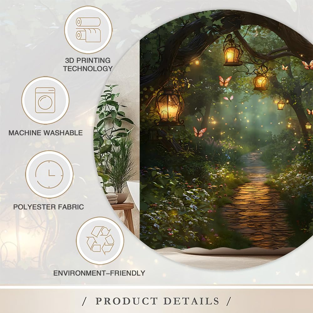 Fantasy Forest Shower Curtain Fairytale Jungle Magical Enchanted Misty Wonderland Floral Tree Butterfly Lantern Nature Landscape Bath Curtain Fabric Bathroom Accessories Decor with Hooks 70"X70"