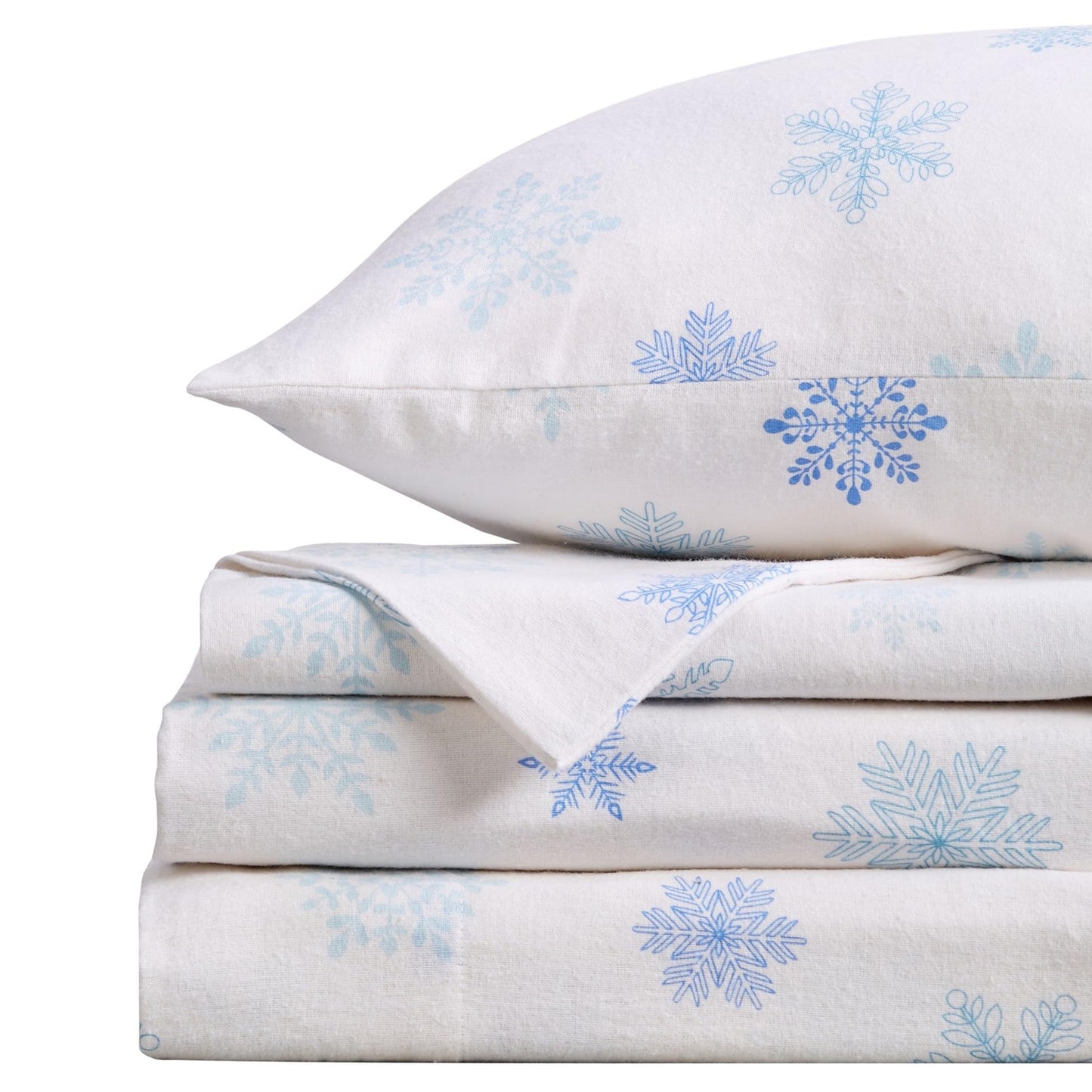 Market & Place 100% Turkish Cotton Flannel Sheet Set | 4 Piece Deep Pocket Novelty Cozy Winter Bed Sheets | Double Brushed for Extra Softness & Comfort | Alpine Collection (Queen, Blue Snowflake)