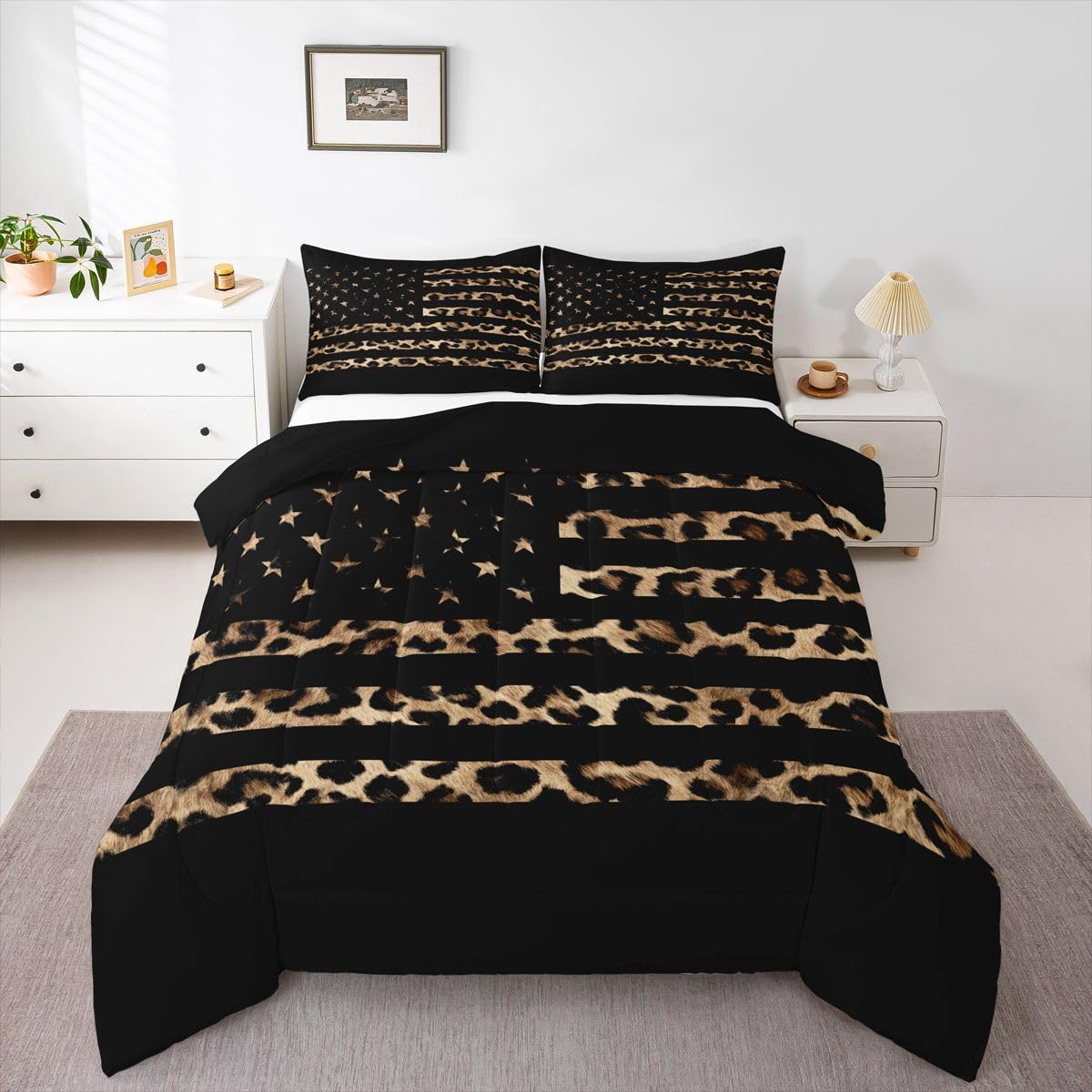 Feelyou American Flag Leopard Kids Comforter Set Queen Size Hunting Bedding Set Brown Cheetah Print Duvet Quilt for Kids Boys Girls Bedroom Animal Fur Decor Microfiber Ultra Soft Breathable
