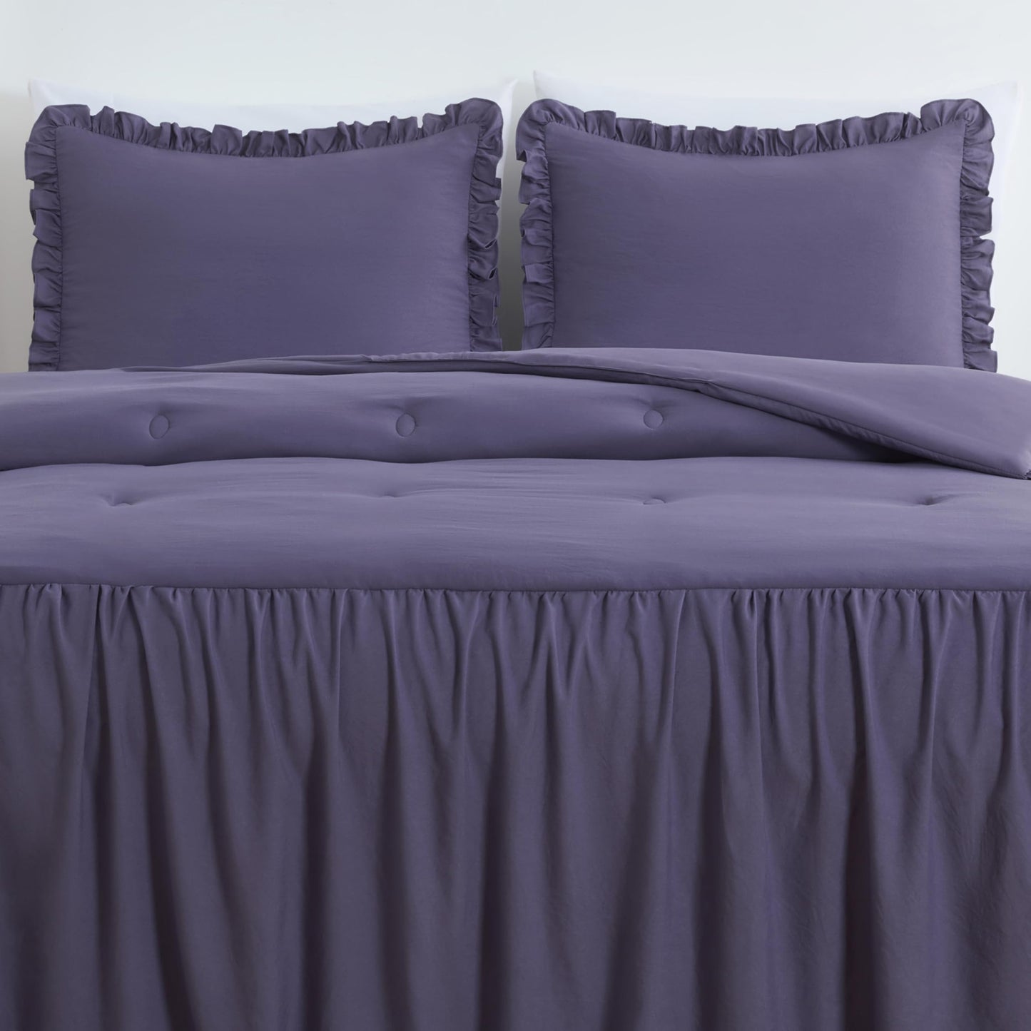 Chezmoi Collection Sinclair 3-Piece Ruffle Skirt Bedspread Set - Soft Lightweight Crinkle Texture Microfiber Bedding - French Country Chic Farmhouse - Queen, Dusty Purple