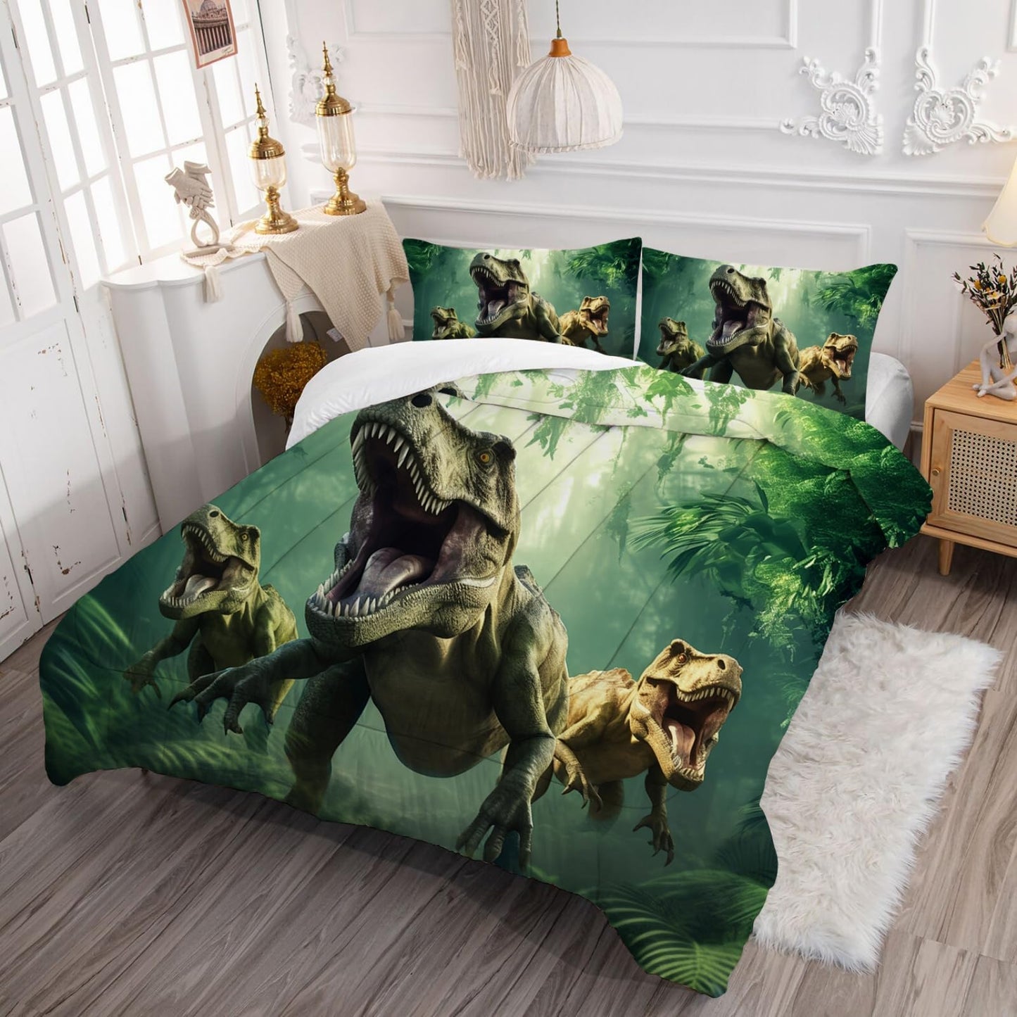 VTKON Kids Dinosaur Comforter Set Full Size for Boys Green Dino Quilt Set Soft Microfiber Dino Bed Set for All Season Use Dinosaur Bedding Set with 1 Comforter + 2 Pillowcases