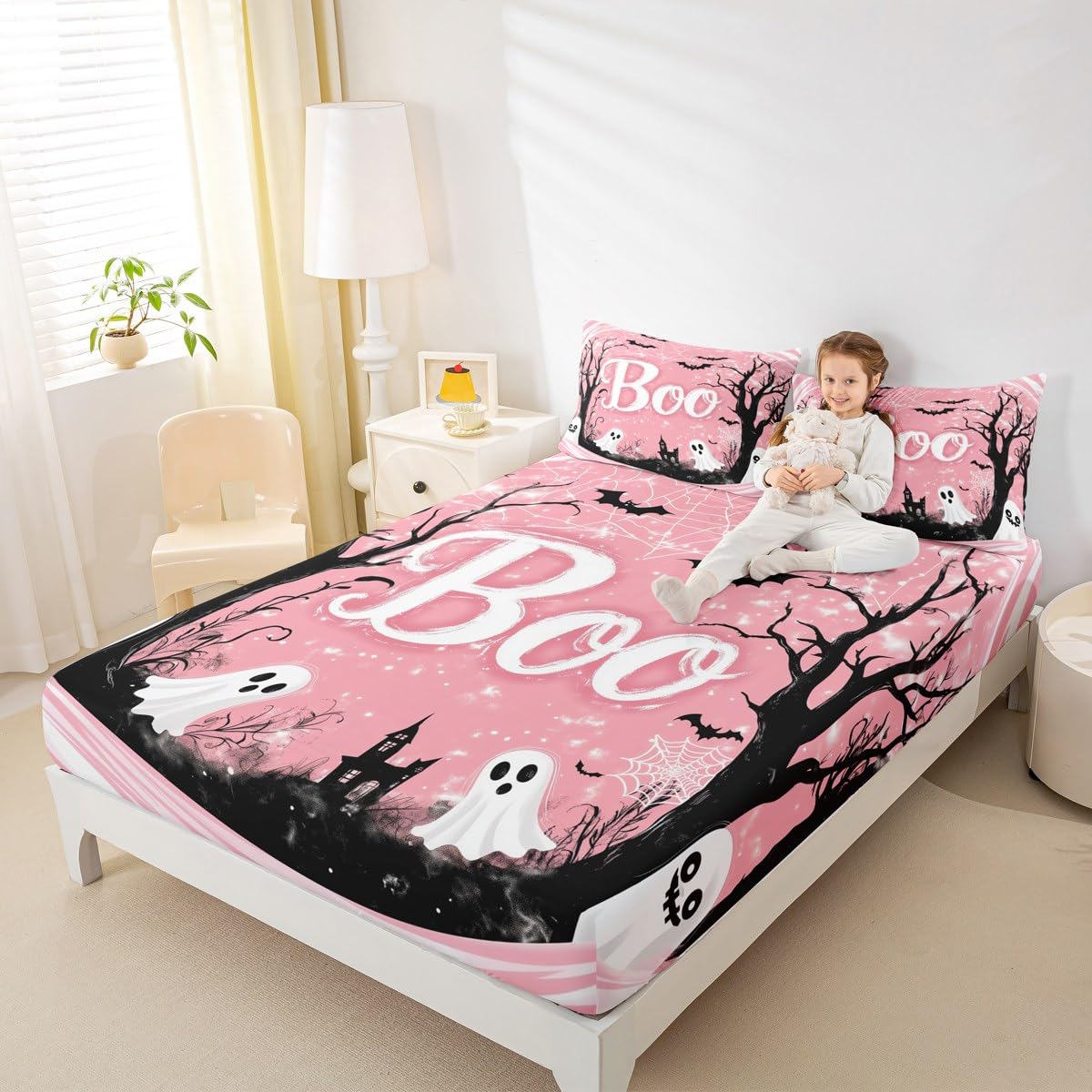 Feelyou Kids Halloween Fitted Sheet Full Size, Pink Ghost Bed Sheet Set Boys Girls Horror Decor Bedding Set Boo Teens Bedroom Decor 3Pcs (No TOP Sheet)