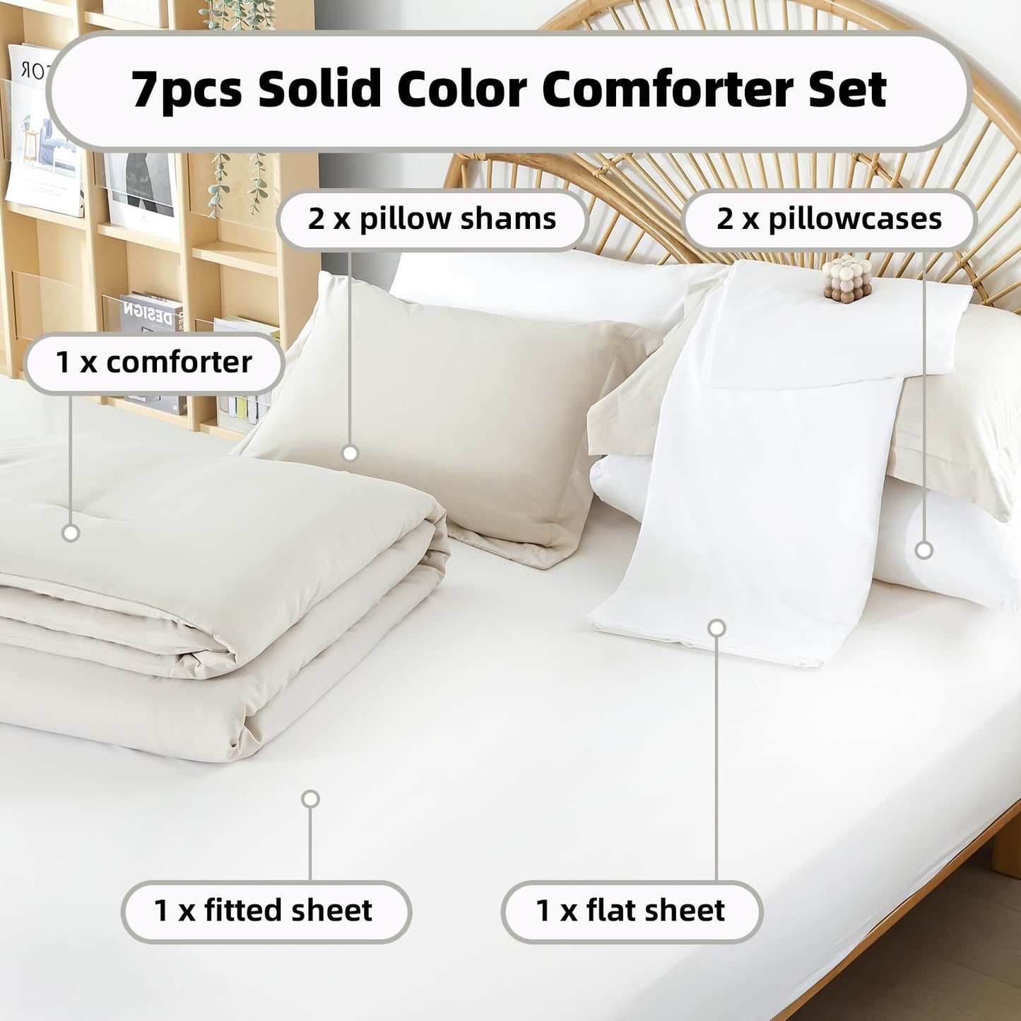weigelia Queen Comforter Set 7 Pieces Beige Comforter Set Queen Size Bedding Set Soft Microfiber Comforter with Fitted Sheets, Flat Sheets, Pillow Shams, and Pillowcases