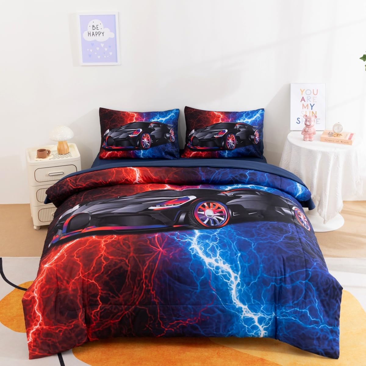 Podol 5 Pieces Race Car Comforter Set Full Size Red and Blue Sports Car Bedding Sets for Boy Tie Dye Lightnings Bed in a Bag with 1 Comforter, 2 Pillowcases, 1 Flat Sheet and 1 Fitted Sheet