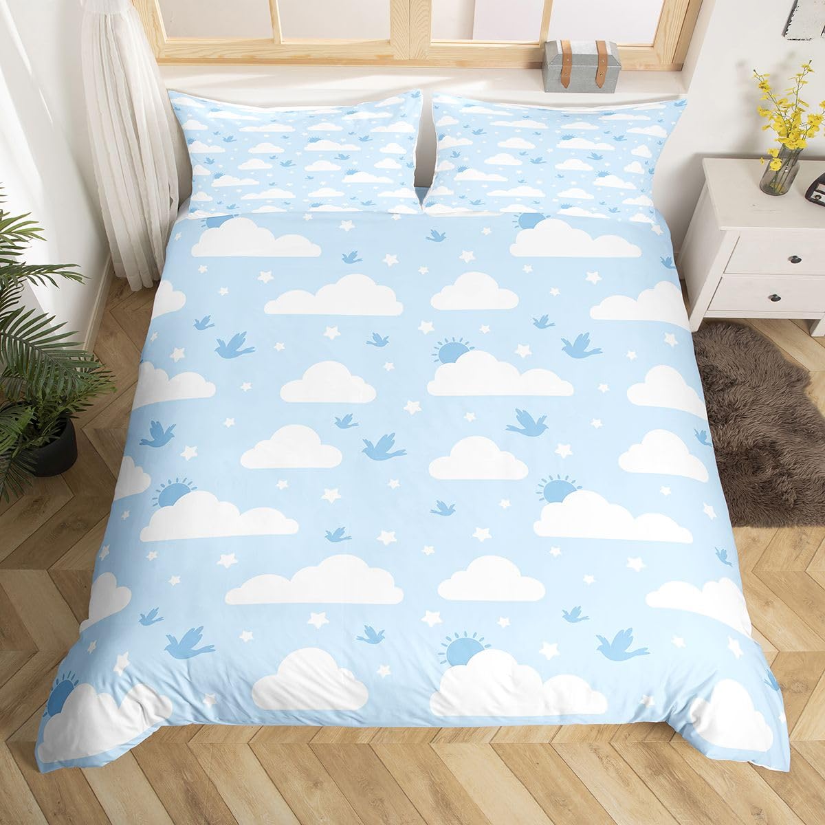 Erosebridal Cloud Duvet Cover Twin Star Pattern Bird Comforter Cover for Kids Teens Cartoon Cloud Sky Bedding Set Blue Sky and White Clouds Bed Set